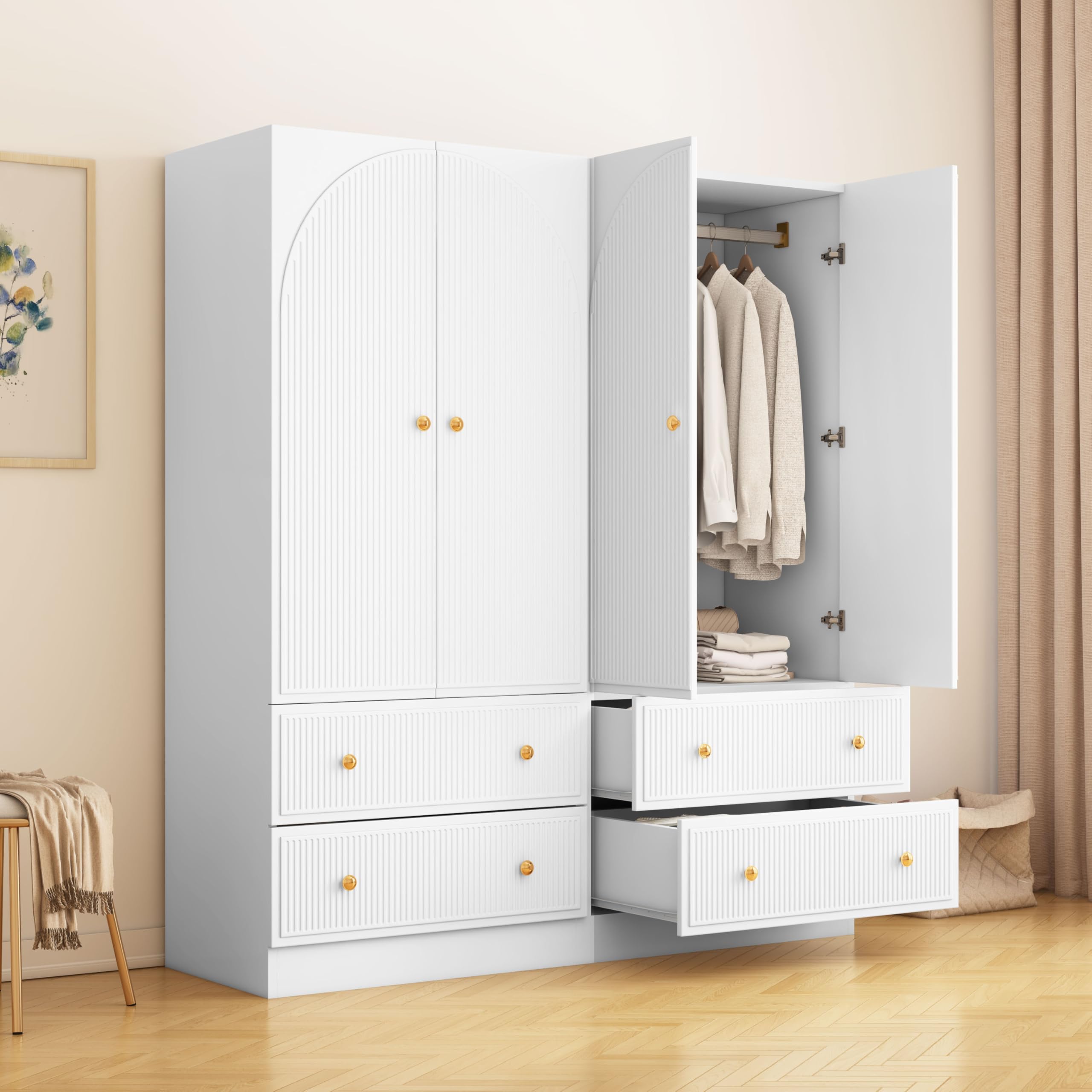 ORRD White Freestanding Armoire Wardrobe Closet with 2 Doors and 2 Storage Drawers Set of 2, Large Capacity Wardrobe Cabinet, Wooden Closet for