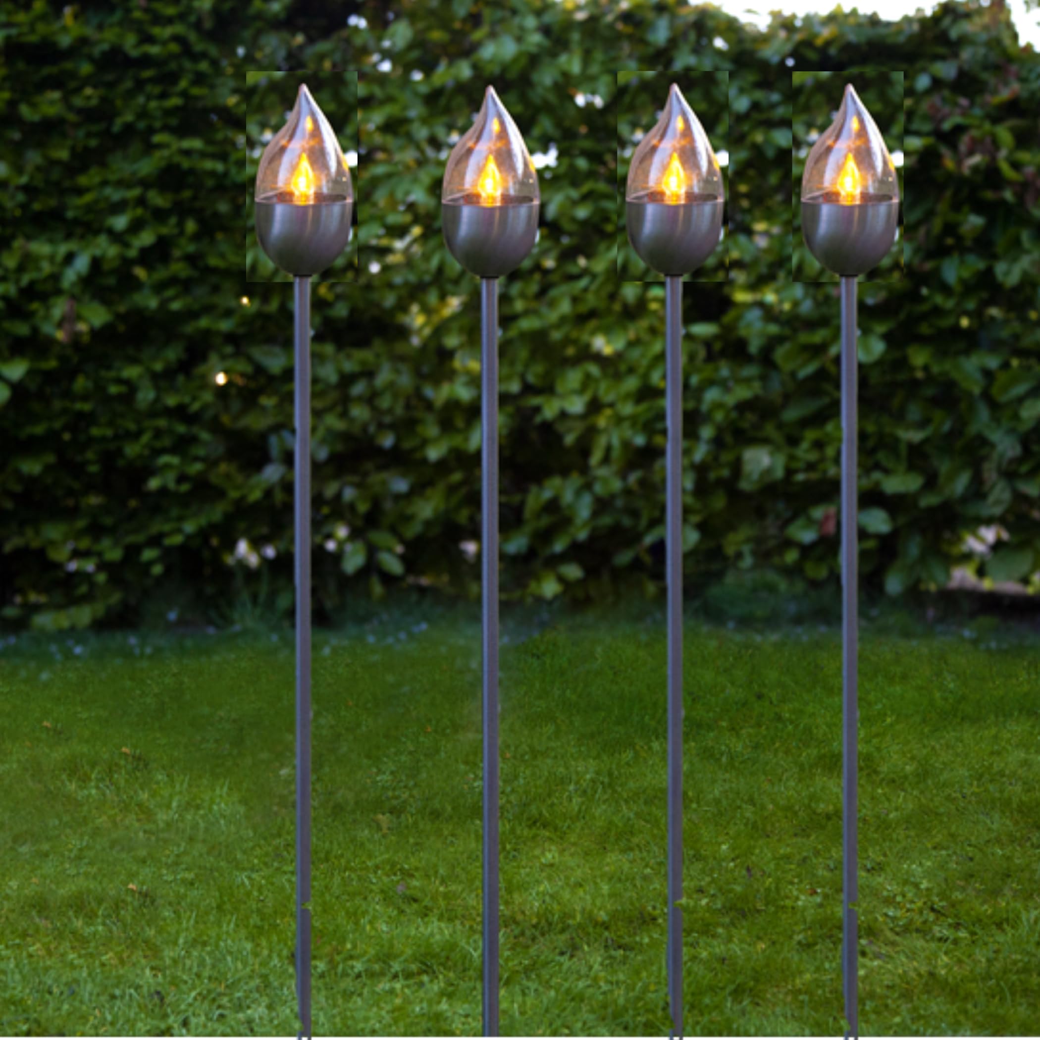 4er-LED-Solar-Gartenfackel-Set 'Chiemsee', geschlossen, Edelstahl, ca.115 cm x 8 cm 4 Amber LED, mit Solarpanel, incl. Akku, Outdoor, Kunststoffglas geschlossen, Winterfest