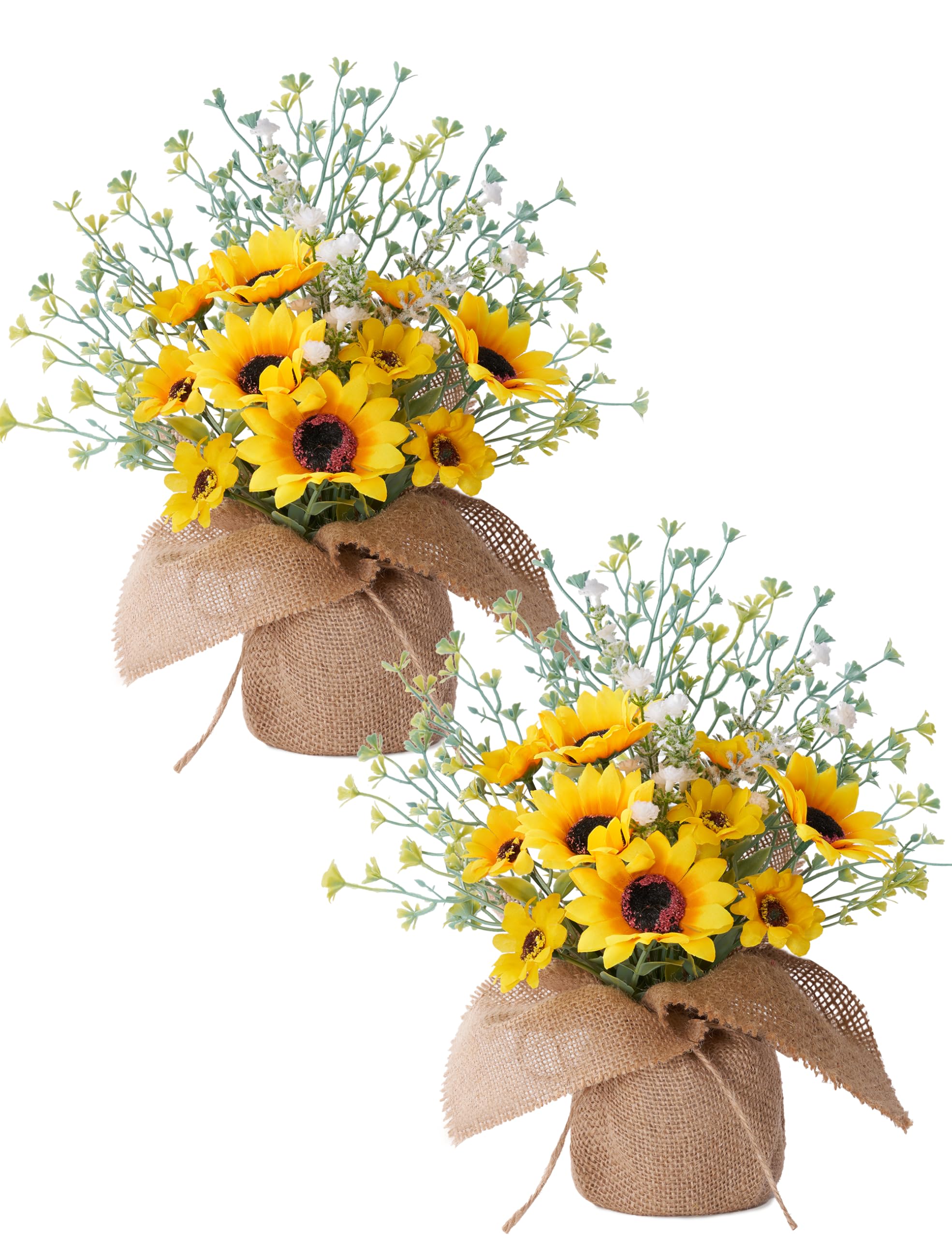 Photo 1 of KIVIVO Sunflower Kitchen Decor, Centerpieces for Tables, 2 Pcs Sunflower Table Decorations for Home, Fake Artificial Sunflowers in Burlap Bag Vase, Brighten Your Home Indoor Outdoor Decorations
