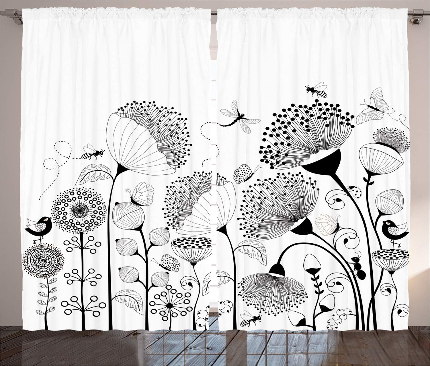 ABAKUHAUS Naturaleza Cortinas, Blooming Flor de la Abeja, Sala de Estar Dormitorio Cortinas Ventana Set de Dos Paños, 280 x 175 cm, Blanco Negro
