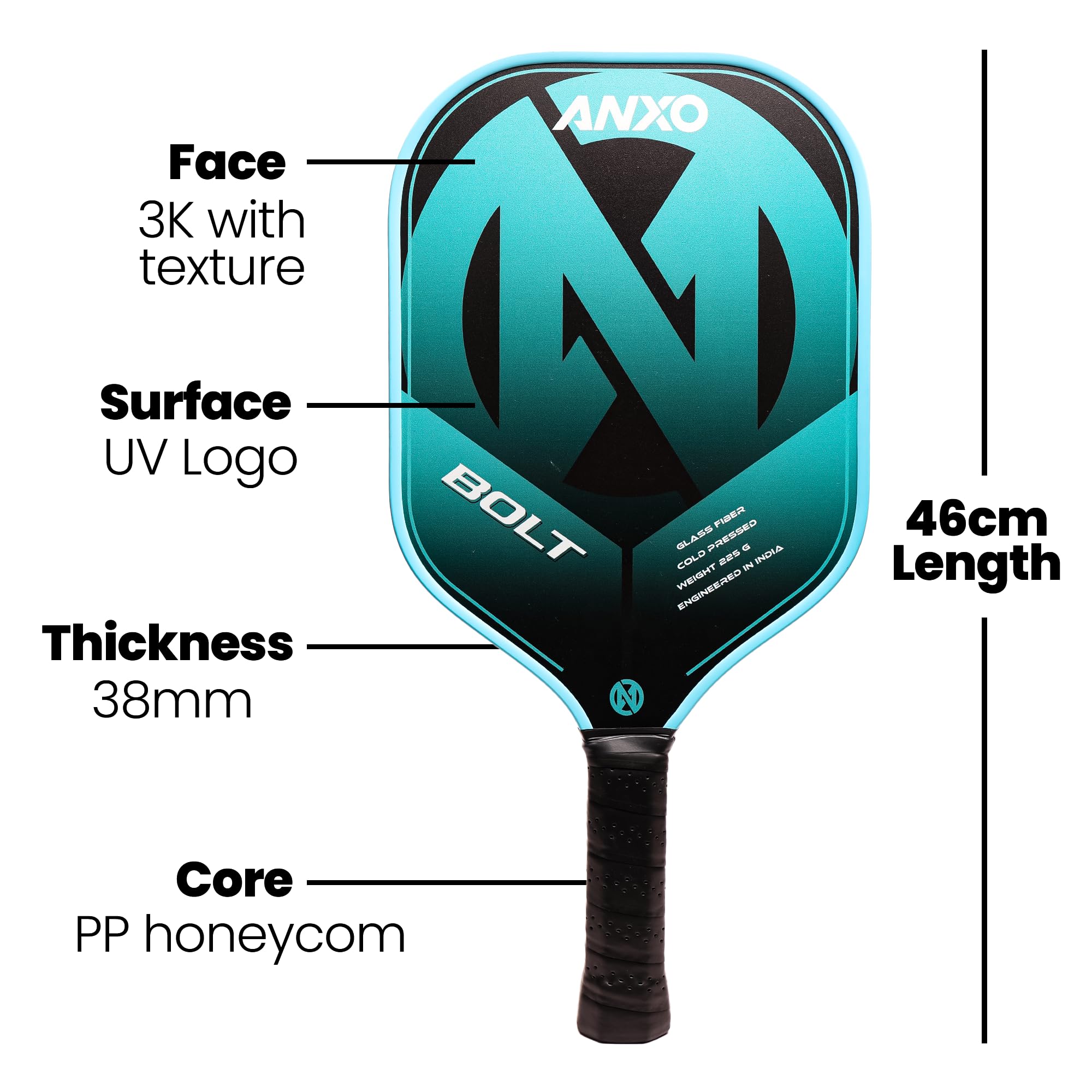 ANXO Bolt Pickleball Racket | Lightweight Glass Fiber Surface | Cold Pressed PP Honeycomb Core | UV Logo | 225g ±5g | Enhanced Power, Speed & Control 3