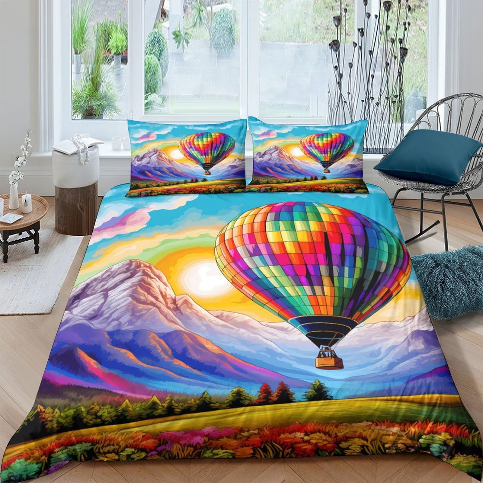 Ctjqhvkz Style-10 3D Printed Colorful Hot Air Balloon Fitted Sheet Microfiber Vibrant Mountain Sunrise Bed Cover For Bedroom Decor Single（135X200cm）