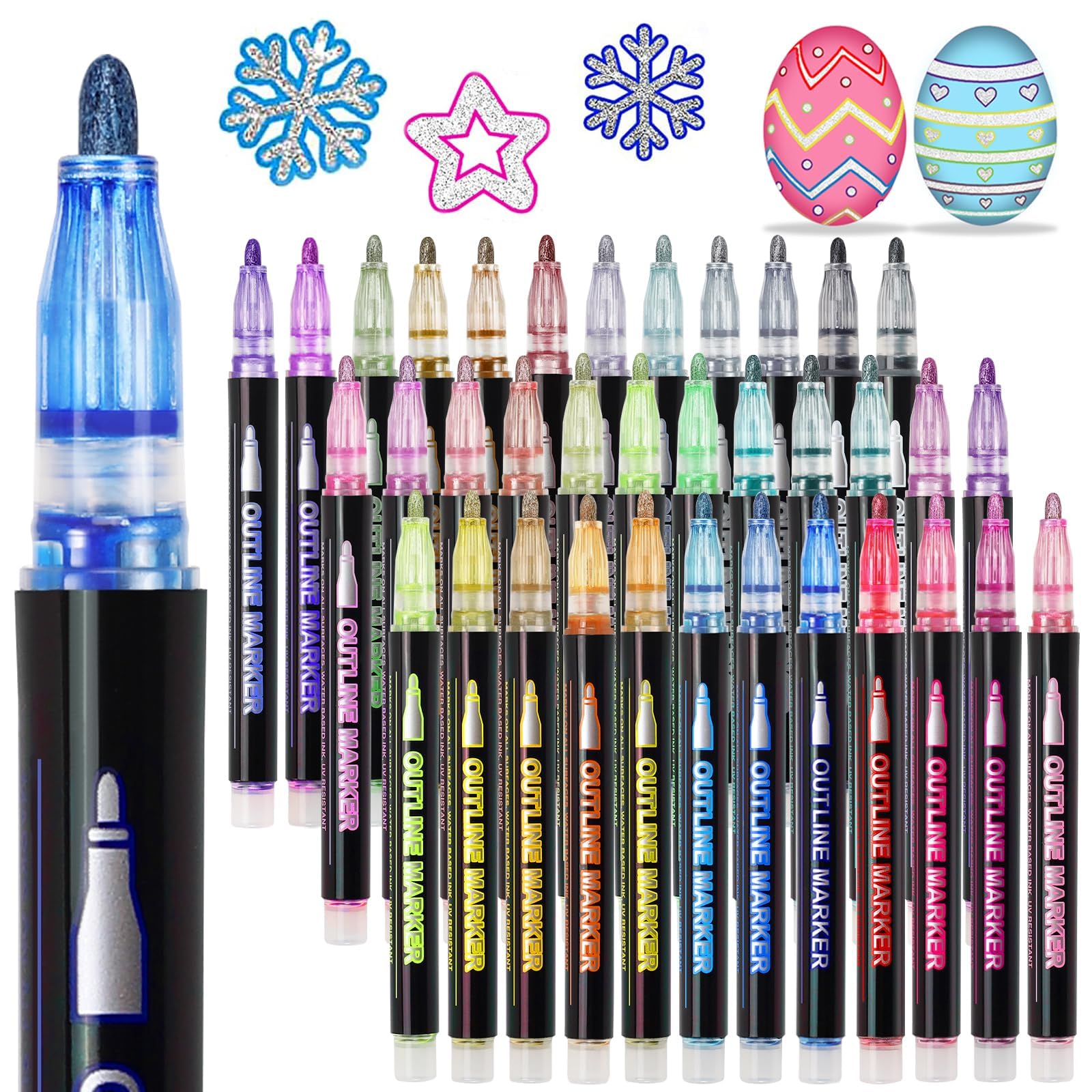 Glitter Markers Outline Pens Metallic: 36 Double Line Outline Markers,Self Outlining Glitter Pens Adult Coloring Gel Sparkle Outliner Shimmer,Drawing Cool Fun Magic Stuff