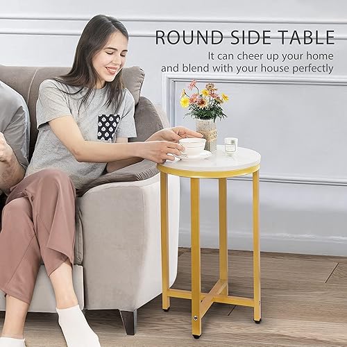 Miniatura 4 de VIVOHOME Juego de 2 mesas auxiliares redondas de 16 pulgadas en forma de X con parte superior de mármol sintético marco dorado para sala de estar