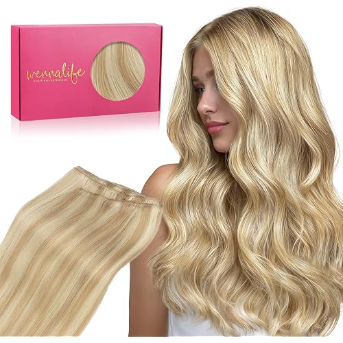 WENNALIFE Sew in Hair Extensions Real Human Hair, Weft Hair Extensions Human Hair 16 Inch 80g Light Blonde Highlighted Golden Blonde Hand Tied Weft Extensiones De Cabello Hmano
