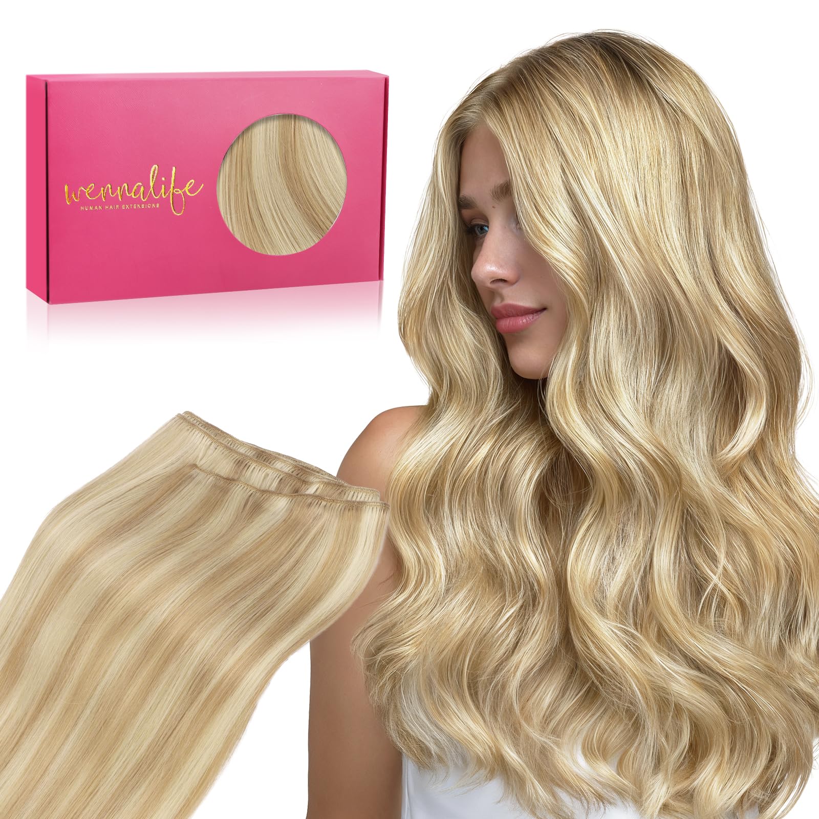 WENNALIFE Sew in Hair Extensions Real Human Hair, Thick & Invisible Weft 16 Inch-80g S-#16/22 Light Blonde Highlighted Golden Blonde