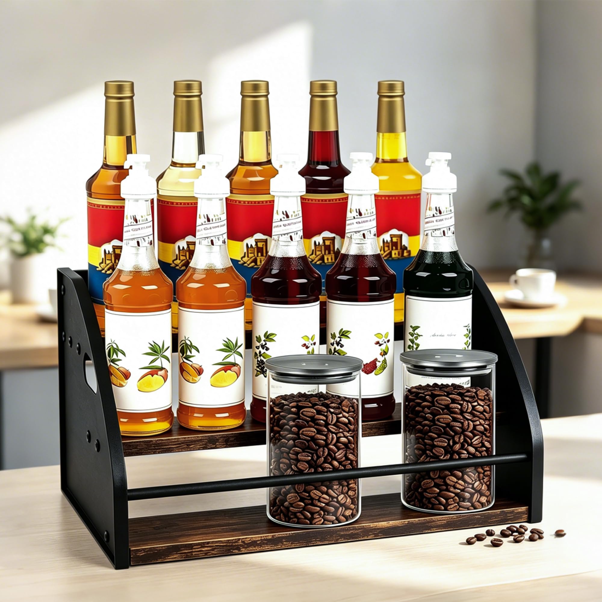 3-Tier Coffee Syrup Rack with Easy-Carry Handles | Retro Large Countertop Bottle Organizer Shelf |15 Syrup Bottles Holder | Sturdy Freestanding Bar Stand for Coffee, Whiskey &amp; Spirits