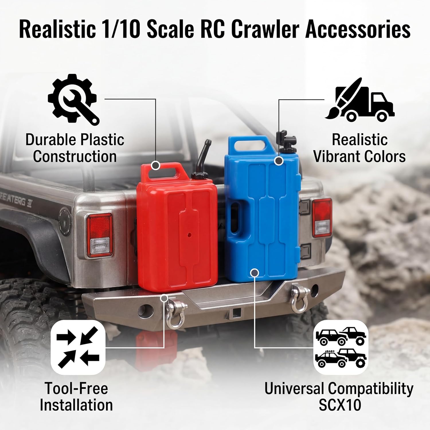 1/10 Scale RC Crawler Simulation Fuel Can and Container Set, Plastic Decorative Accessory, 2.1x1.0x0.7 inches, Universal for SCX10