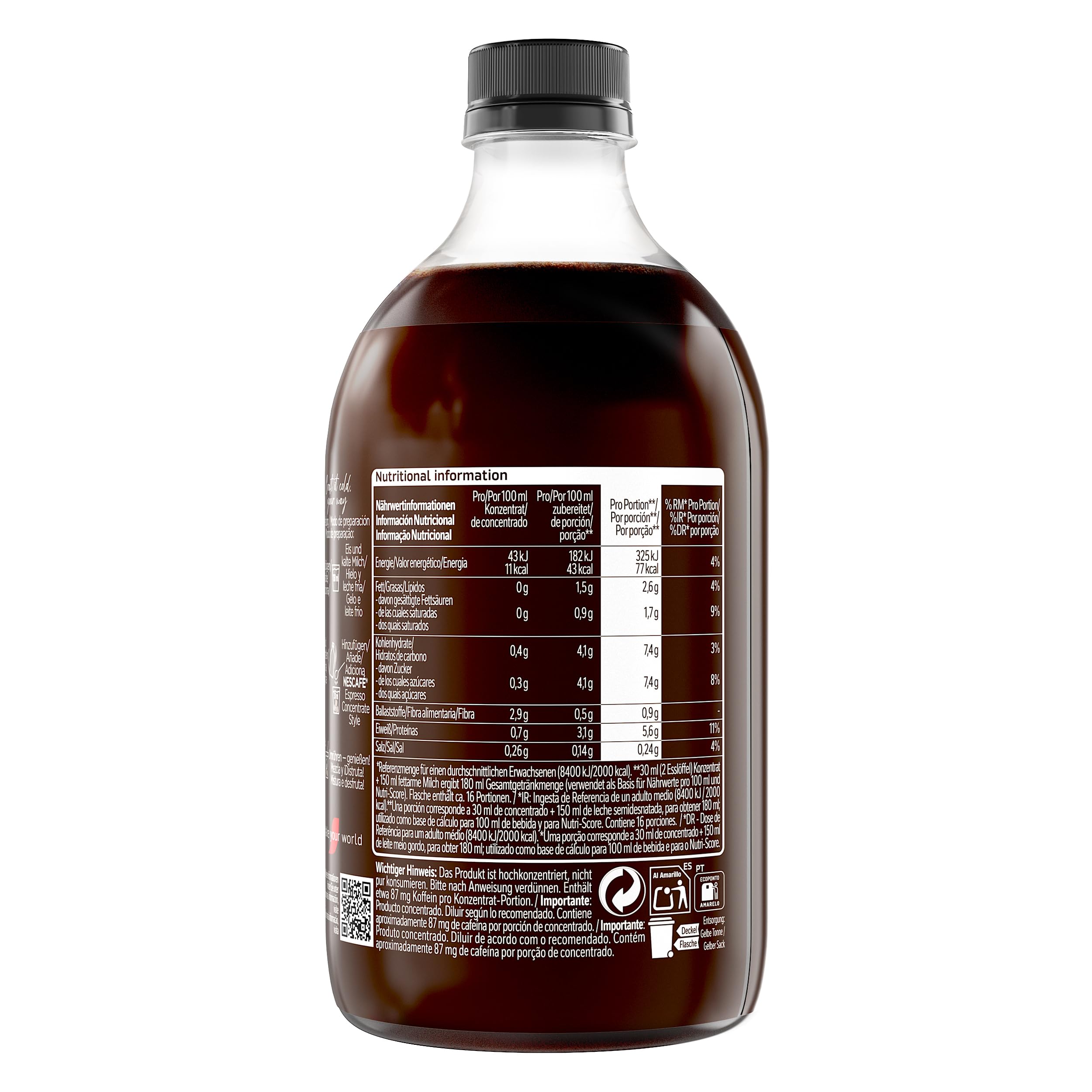NESCAFÉ Espresso Concentrate Black, con café Arábica, sin azúcar, Concentrado de café líquido para iced coffee y lattes, Botella 500 ml