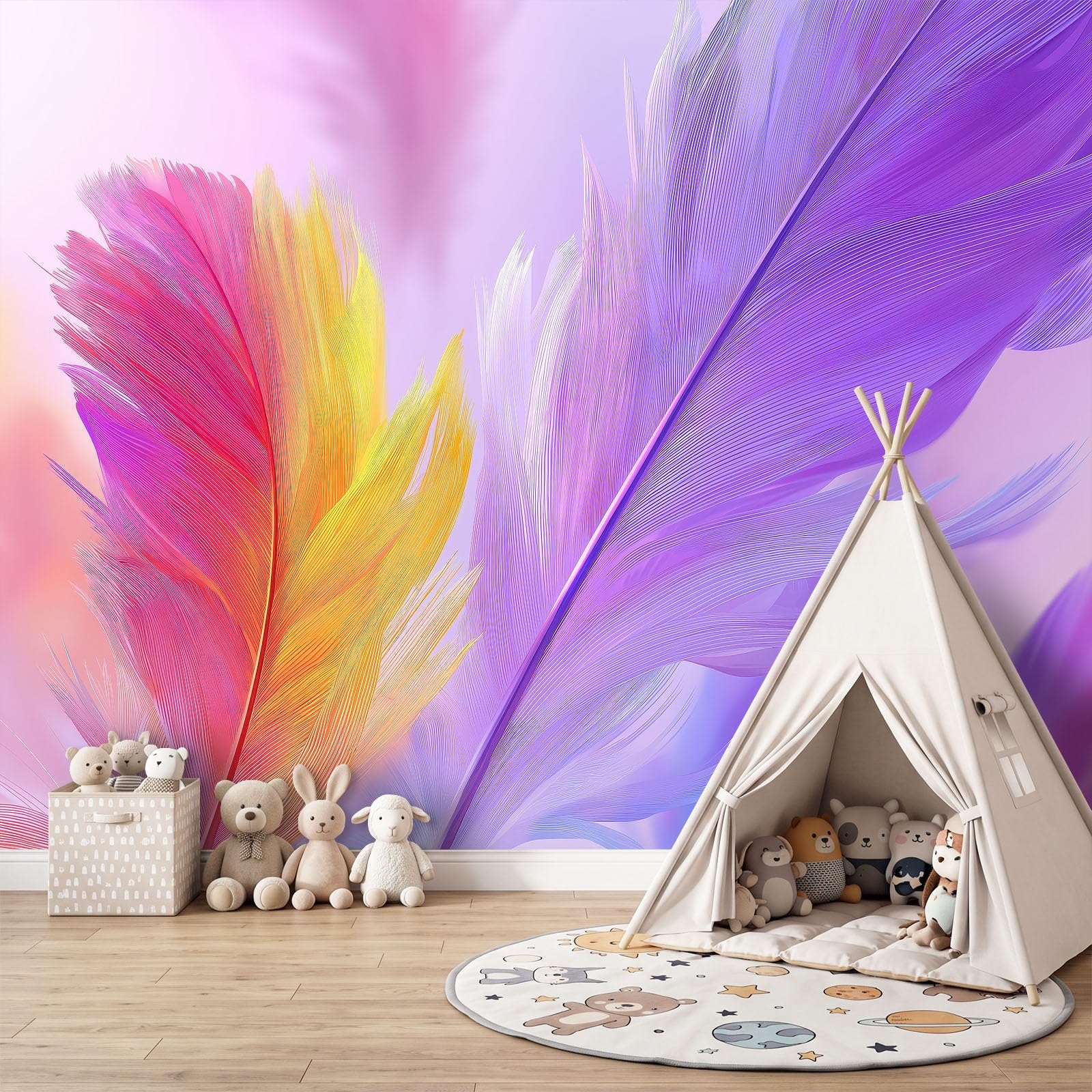 Générique 450 x 280 cm Panoramiczna tapeta fantasy zwierzę gradient pióra 3D projekt ścienny, dekoracja ścienna do zdjęć, tapety z włókniny dekoracja ścienna salon sypialnia, fioletowy