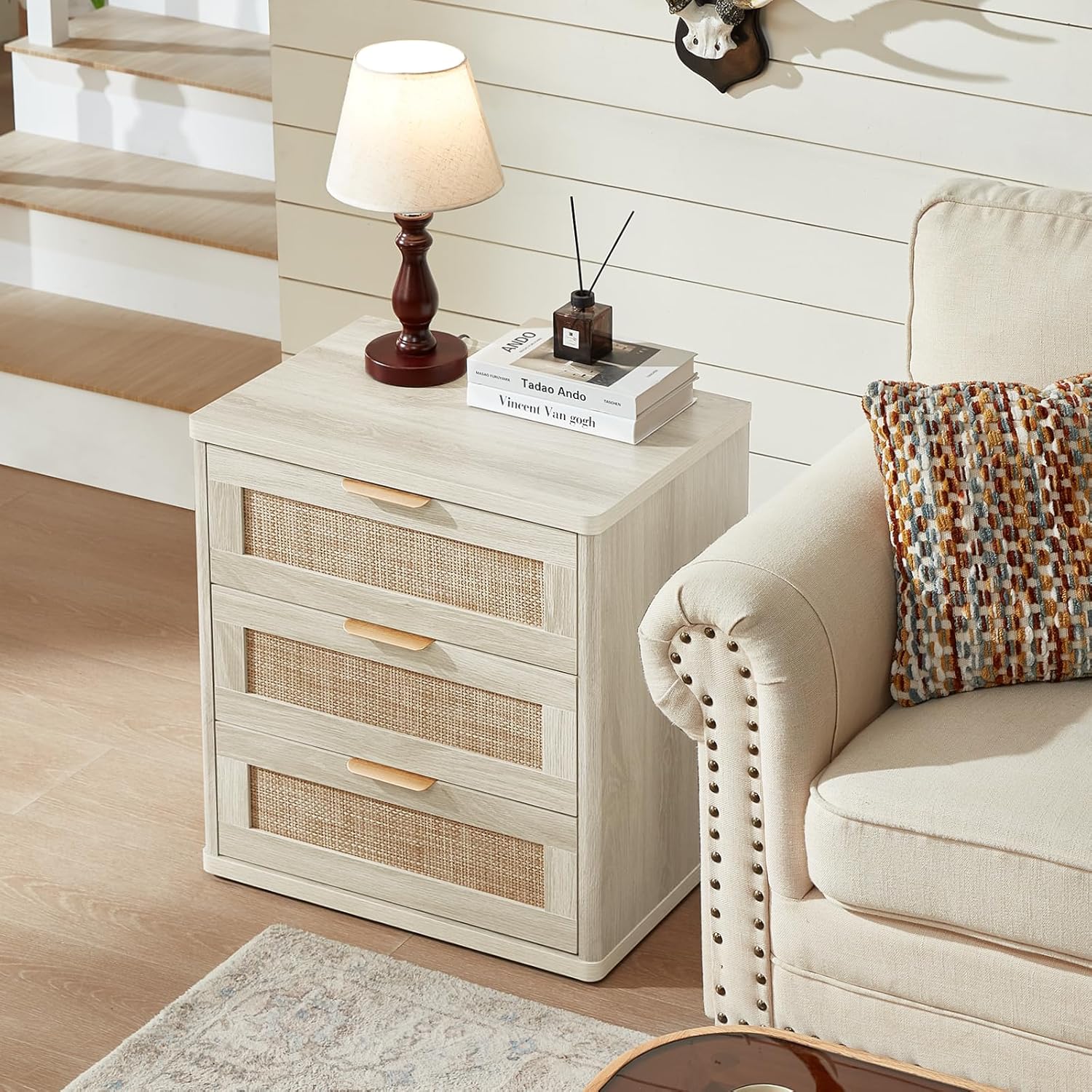 LEYAOYAO Boho Night Stands Set 2 with Storage, 23" Rattan Nightstand with 3 Drawers, Grey White Bed Side Table, Bedside End Tables for Bedroom, Living Room, Hallway
