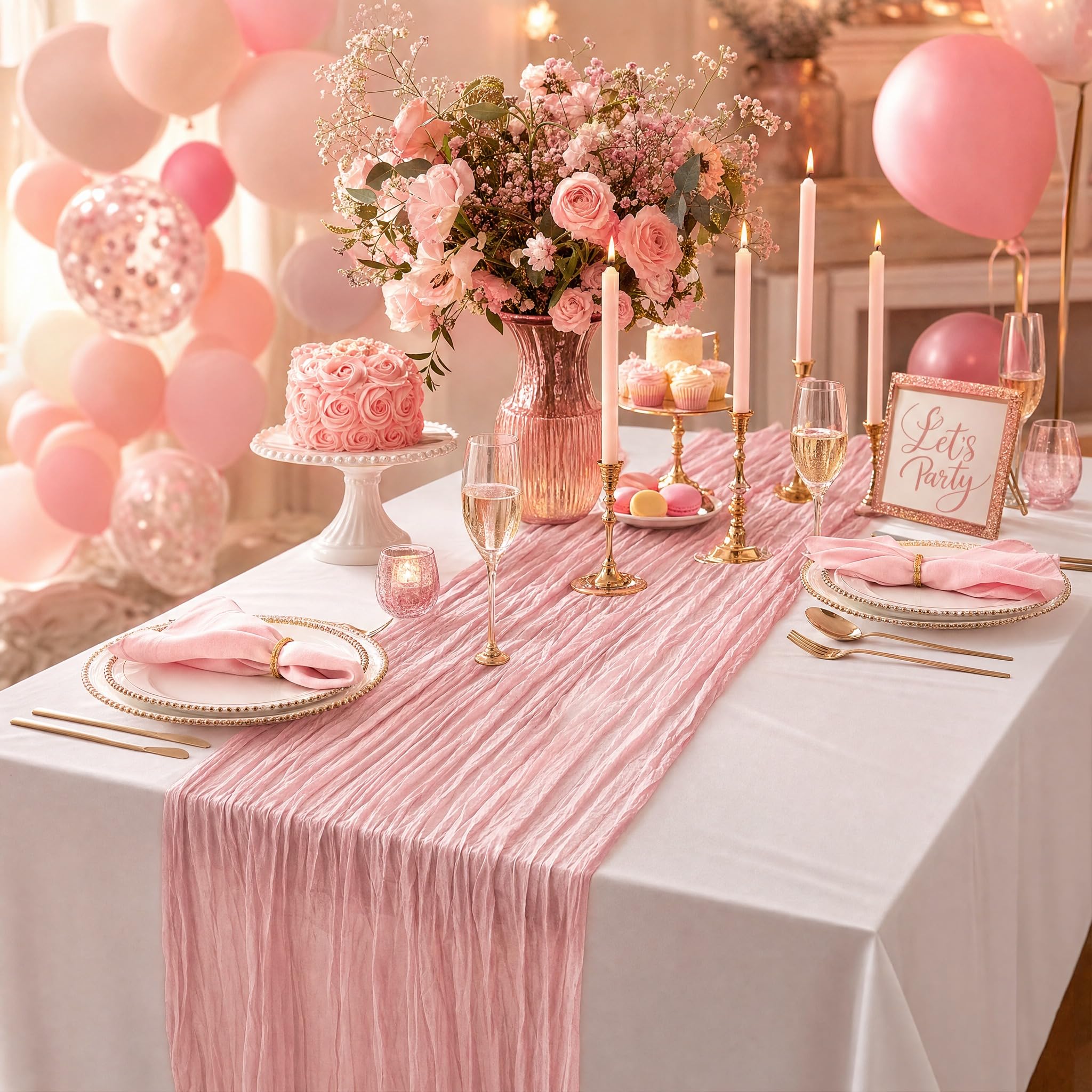 MAIBAOTA Pink Cheesecloth Table Runner 90 x 300 cm Boho Rustic Gauze Cheese Cloth Table Runners for Wedding Arch Chair Backs Decorations Birthday Party Baby Bridal Shower Decor