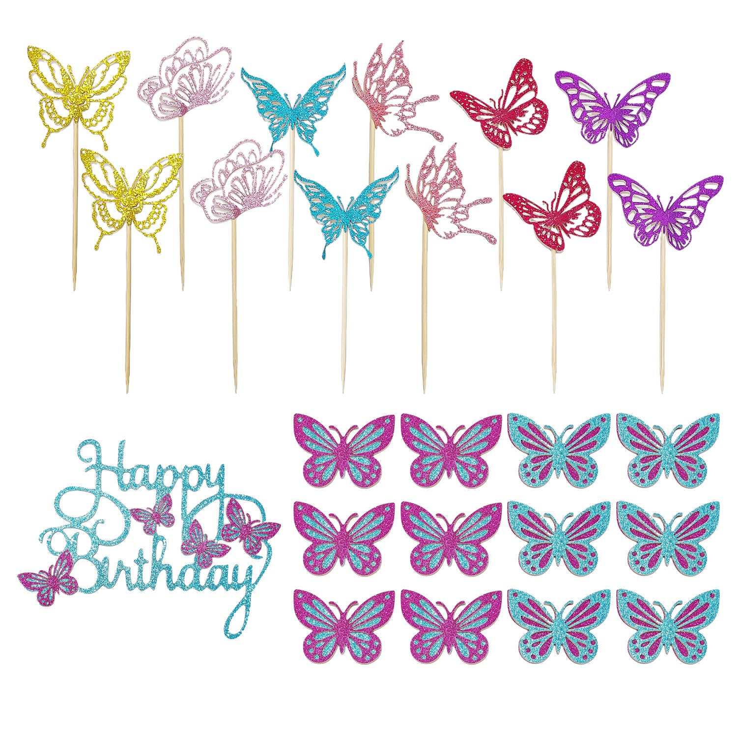 RNFKSU 1 Set Of Colored Glitter Paper Butterflies And 13 Butterfly Placards, Exquisite Cake Decoration Set, Dessert Top Dress-Up Placards, Wedding Celebrations And Other Scenes.