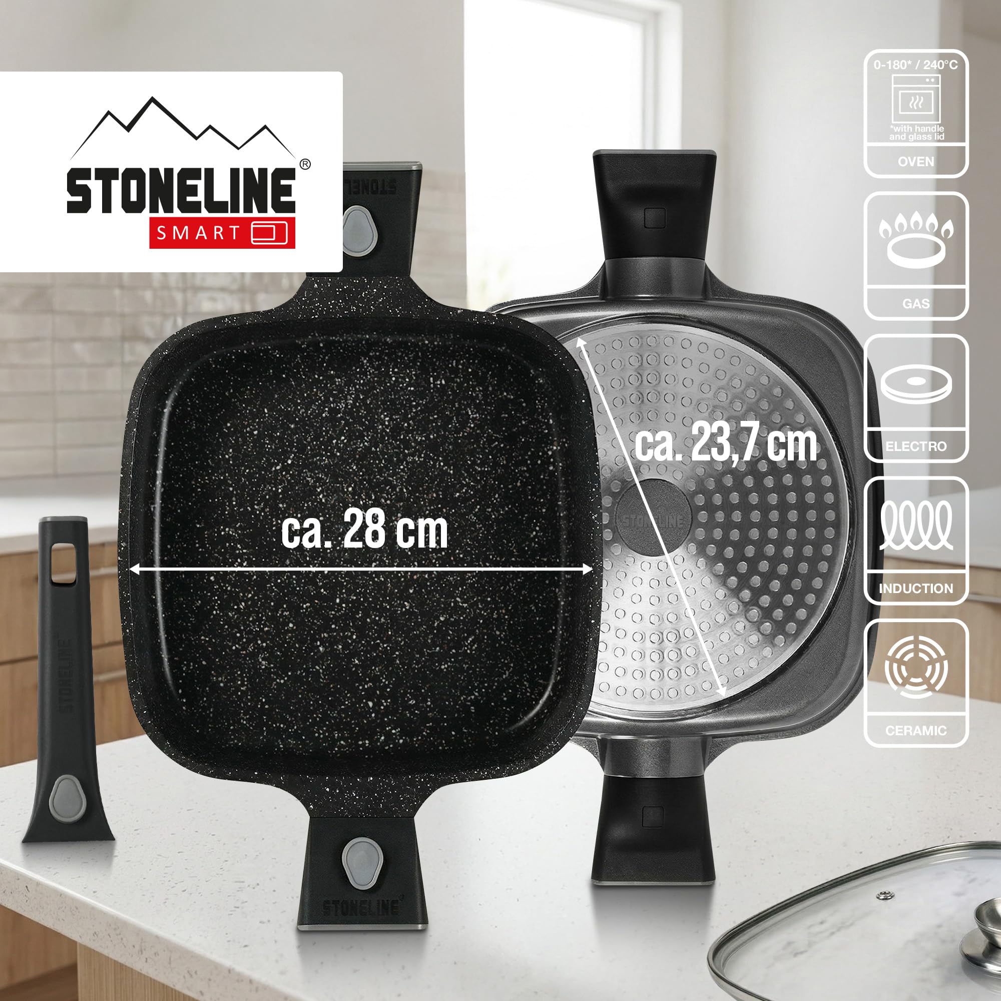 STONELINE SMART Servierpfanne 28 cm ☆ REDESIGN 25/26 ☆ Eckige Pfanne mit Deckel, Abnehmbarer Griff, Aluguss Pfanne Induktion, Alle Herdarten, Antihaftbeschichtet mit echten Steinpartikeln, Grau