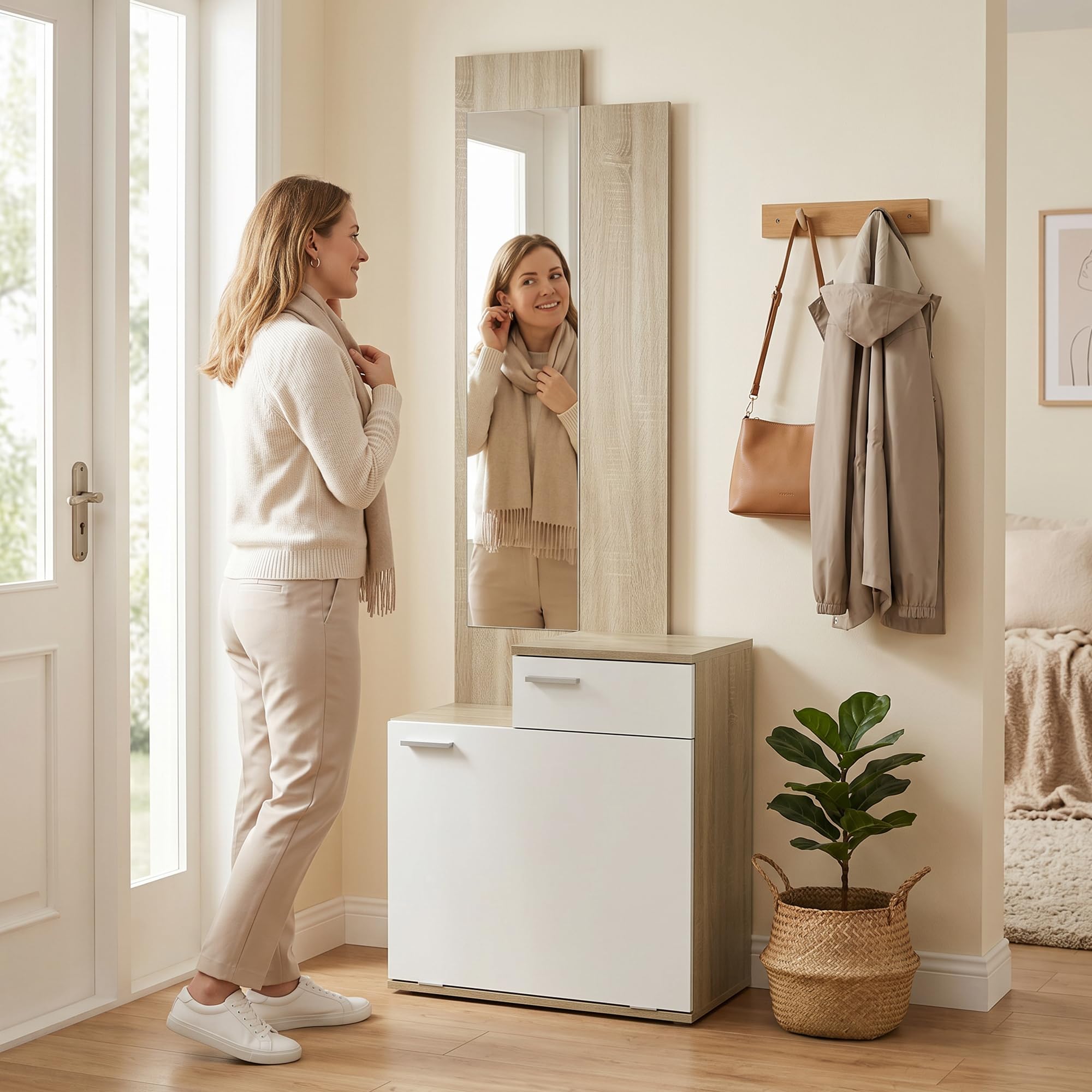 HOMCOM Recibidor de Entrada con Espejo Zapatero Abatible 61x30x170cm Blanco | Mueble Recibidor de 2 Piezas, Asiento, Cajón, Mesa Pequeña para Pasillo