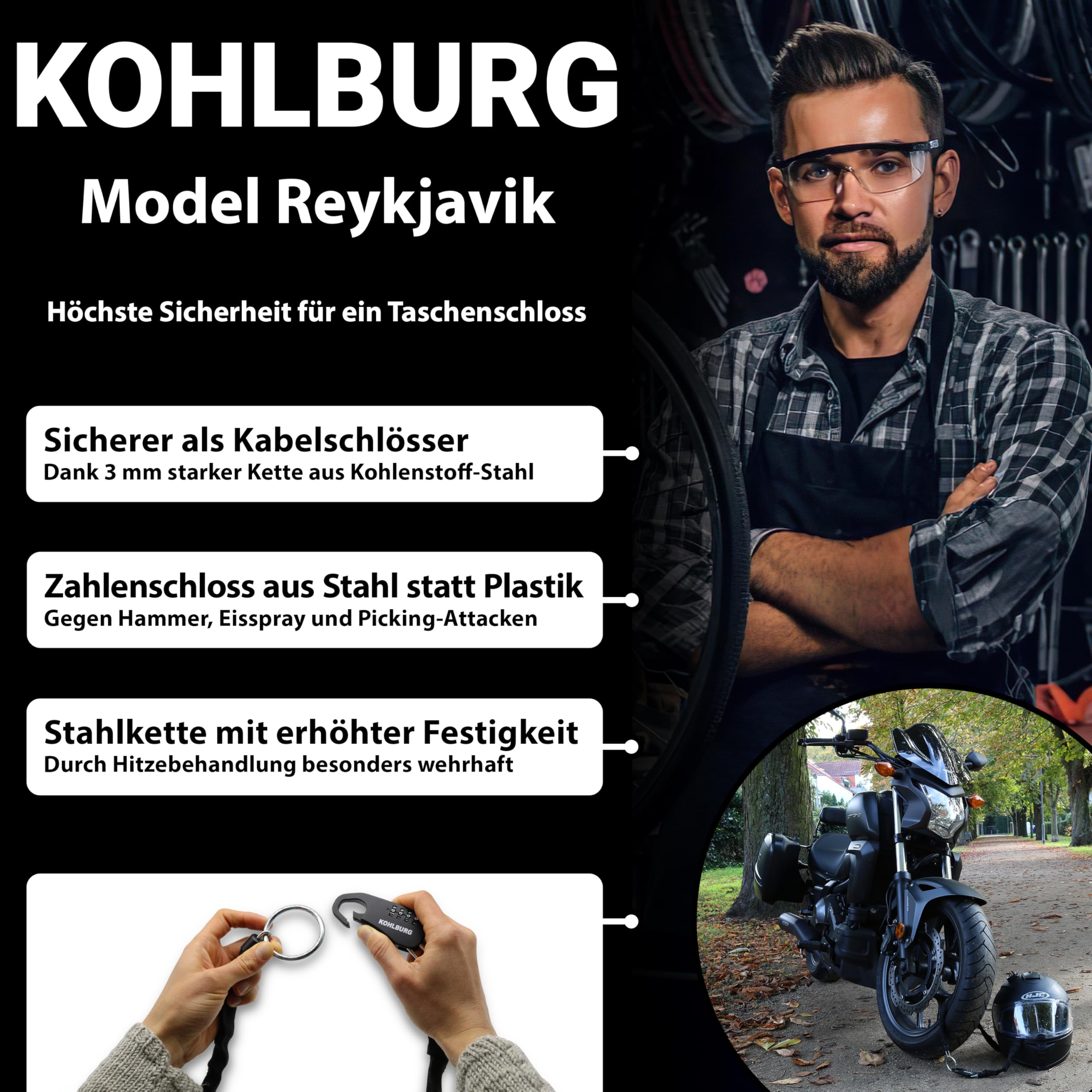 KOHLBURG sicheres + leichtes Taschenschloss mit Zahlencode [129cm lang, 3mm stark] - als Kinderwagenschloss Skischloss Snowboardschloss & Helmschloss Motorrad - Zahlenschloss Fahrrad Kinderwagen
