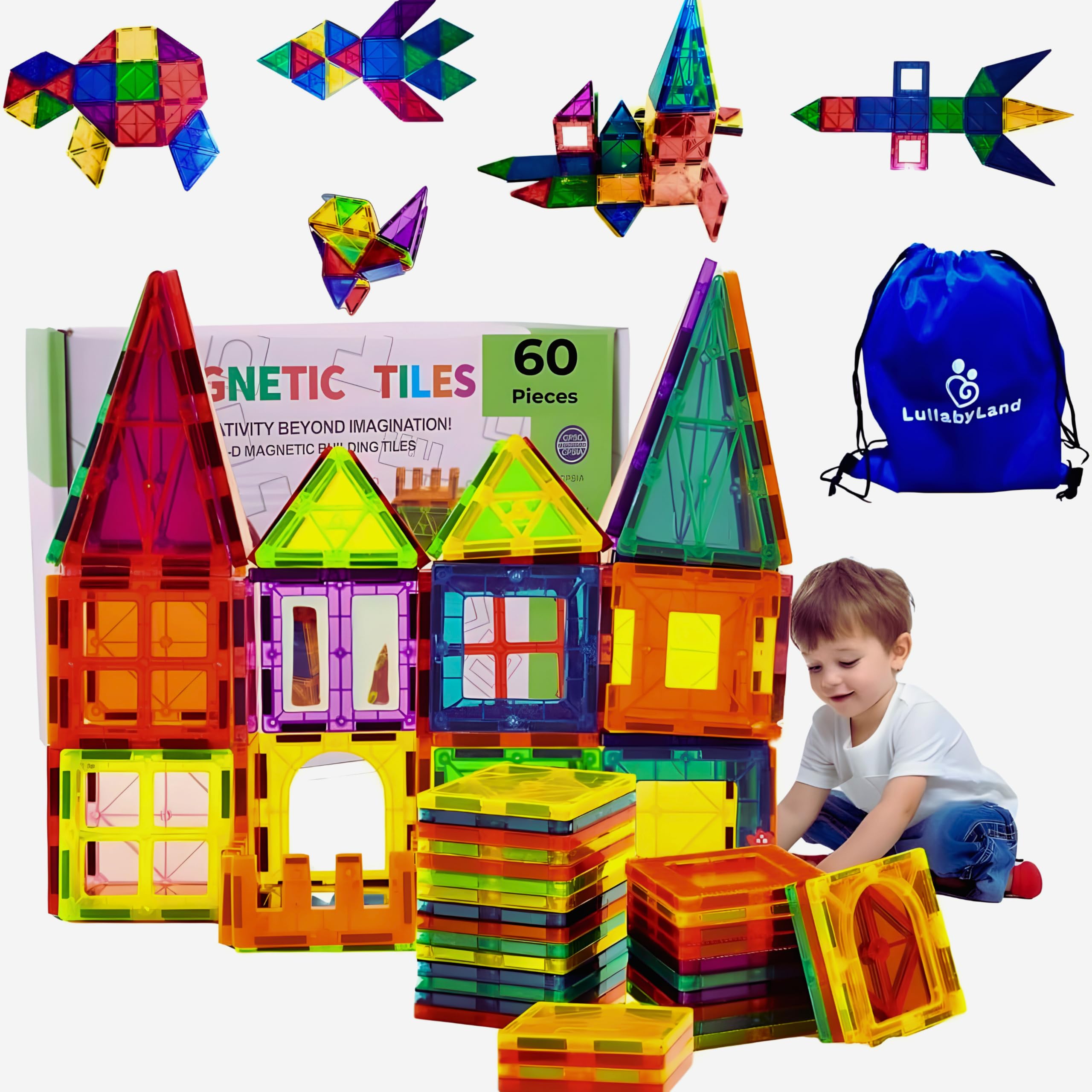Lullaby Land 60 Pcs Magnetic Tiles for kids, Craft Castle Building Sets, Rocket or Vehicle Using Large 3D Magnetic Blocks, Educational STEM Magnets for Kids, Toddlers Magnet Toys for Creative Play