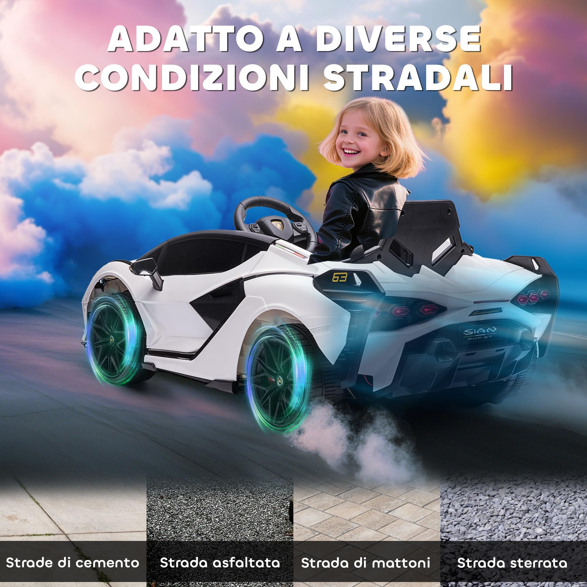 HOMCOM Macchina Elettrica per Bambini 3-5 Anni 12V Lamborghini SIAN, 3-5km/h Auto Elettrica per Bambini con 2 Motori, Fari e Musica, Telecomando, Cintura e Clacson, Bianco