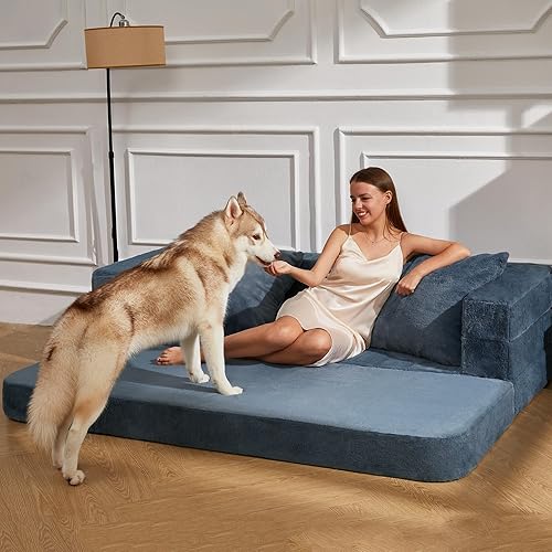 Cansunna Puf plegable 3 en 1, cama de piel sintética, sofá grande de espuma, puf convertible, cama para perro con dos almohadas para adultos,