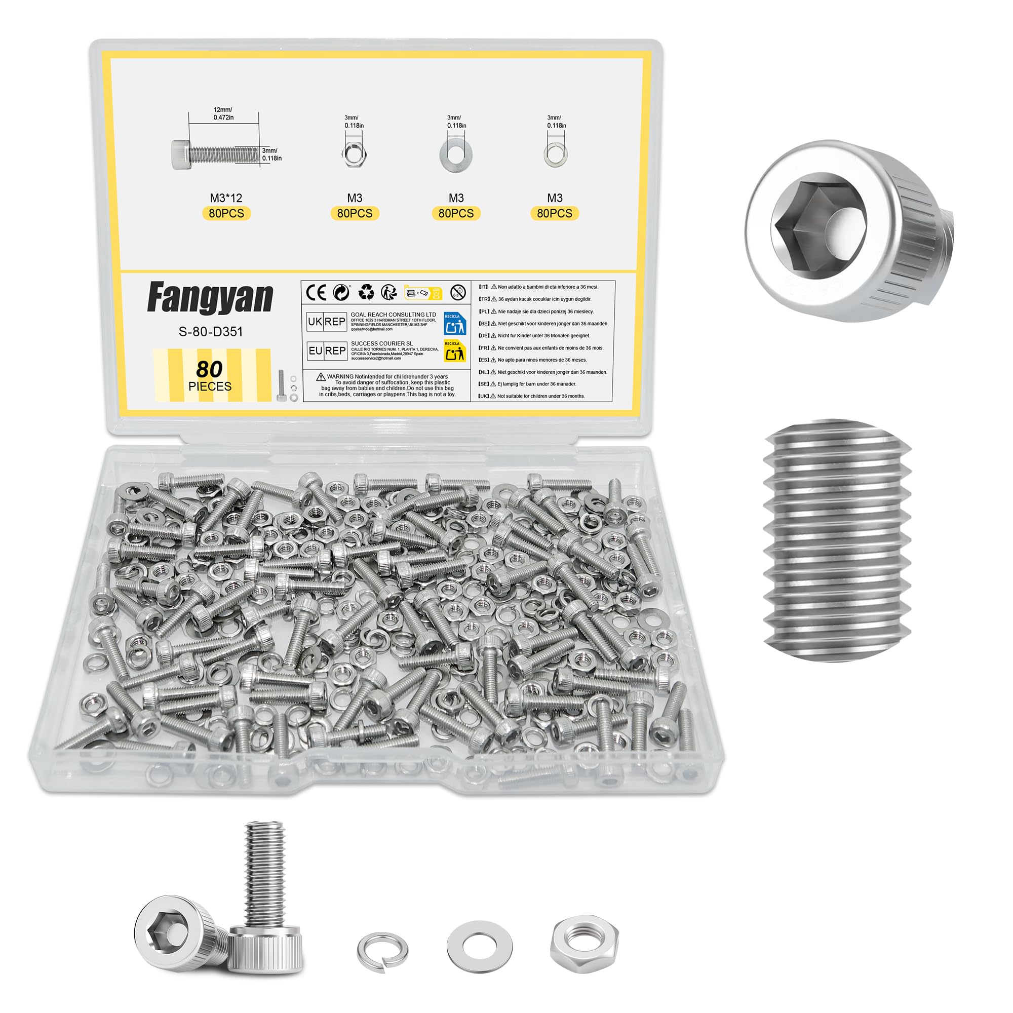 Fangyan 80 PCS M3 x 12mm Hex Socket Cap Head Bolts Set, Stainless Steel Machine Screws with Hex Nuts, Flat & Spring Washers Assortment Kit for Electronics, Small Equipment & DIY Repair — image 1