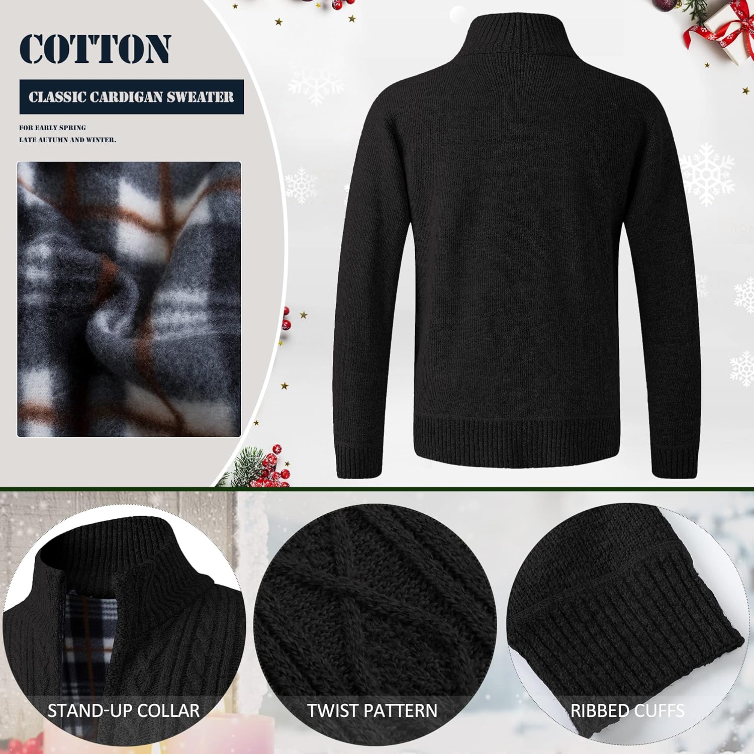 JYG Cardigan Sweaters for Men Full Zip Fleece Lined Up Stand Collar Slim Fit Knitted Sweater with 2 Front Pockets - Image 3