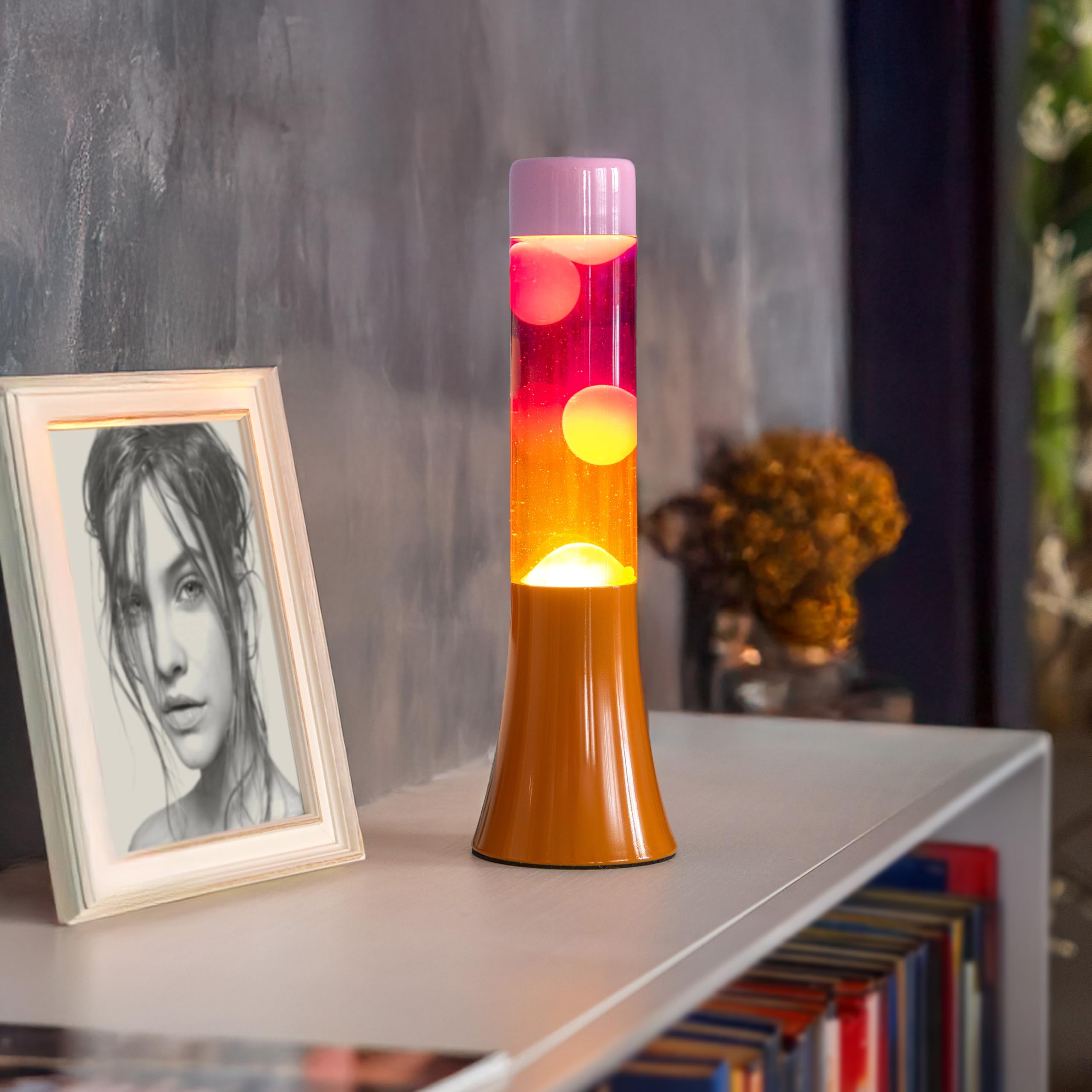 Fisura - Rosa Lavalampe mit orangefarbener Basis und Glas mit einzigartigem Farbverlaufseffekt. Retro-Design, perfektes originelles Geschenk für jede Gelegenheit. Größe: 9 x 9 x 30 cm.