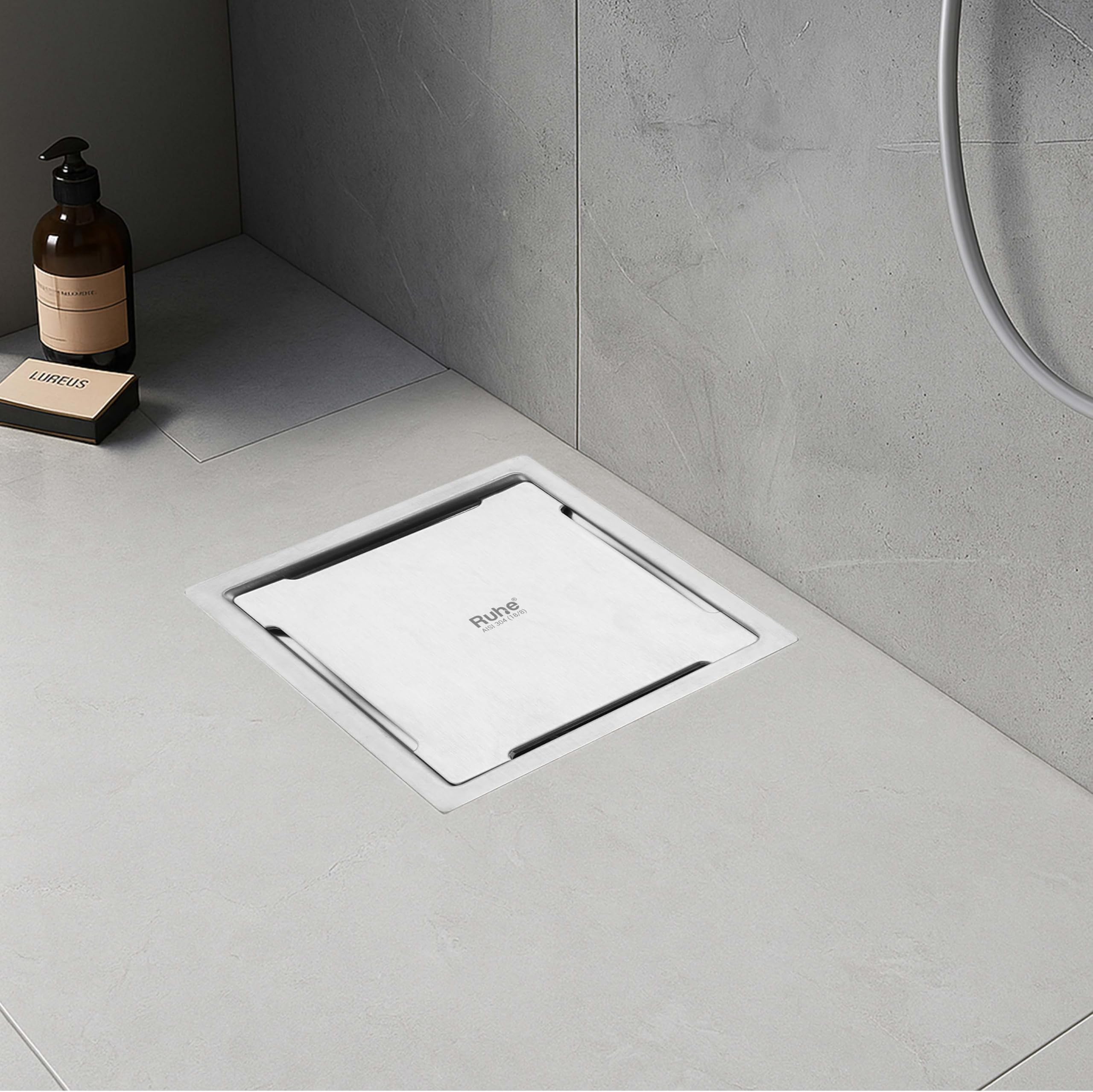 Ruhe Diamond Square Flat Cut Floor Drain | 304-Grade Floor Drain with Collar & Cockroach Trap (5 x 5 Inches) | Floor Drainer for Bathroom, Balcony
