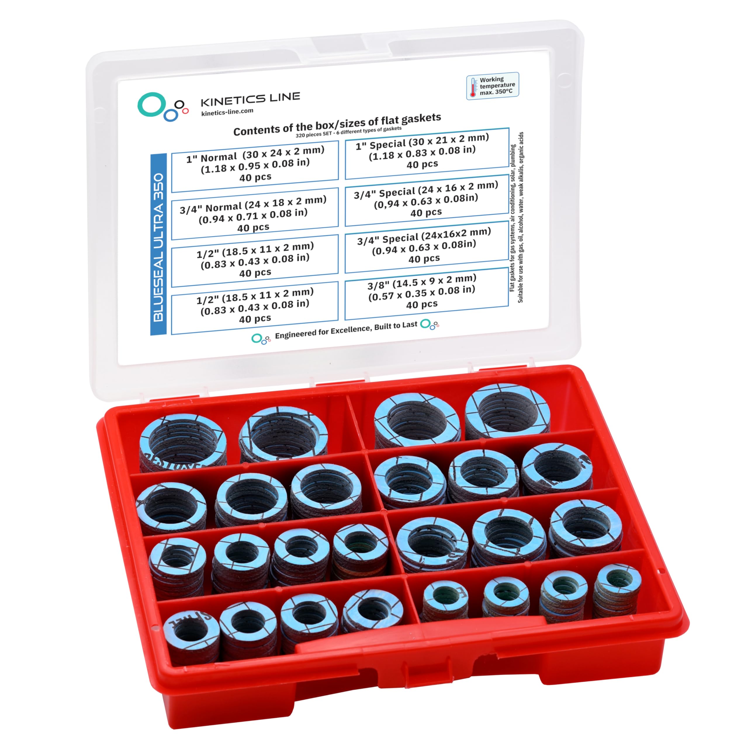 Kit di Guarnizioni con 320 Guarnizioni Piane ad Alta Temperatura Rinforzate in Aramide 3/8–1 Pollice – Assortimento di Guarnizioni per Gas, Riscaldamento, Climatizzazione e Solare – Fino a 350 °C