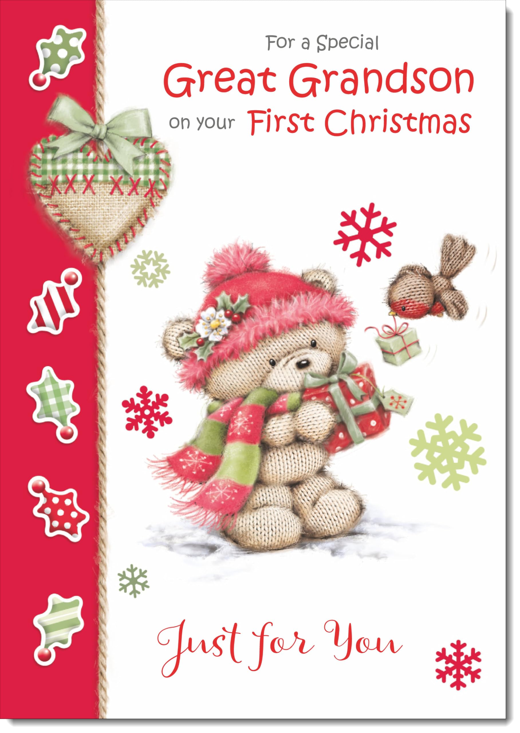 doodlecards Great Grandsons 1st First Christmas Card Cute Bear with Red Hat Large A4 Size Christmas Card for Great Grandsons 1st with Plain Envelope