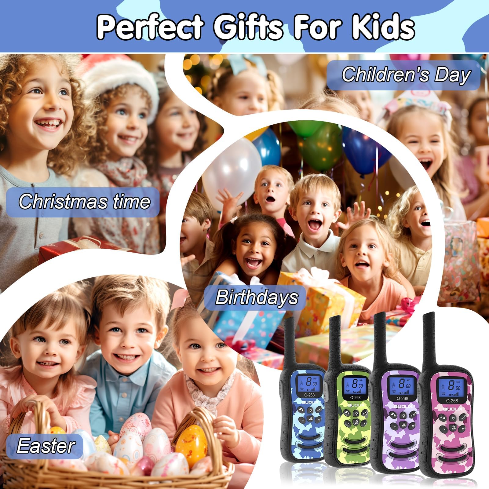 QUOLIX Walkie Talkie Ricaricabili per Bambini, Radio 8 Canali a Lunga Distanza con Torcia per Esterno Ragazzi 3-12 Anni (Blu+Verde)
