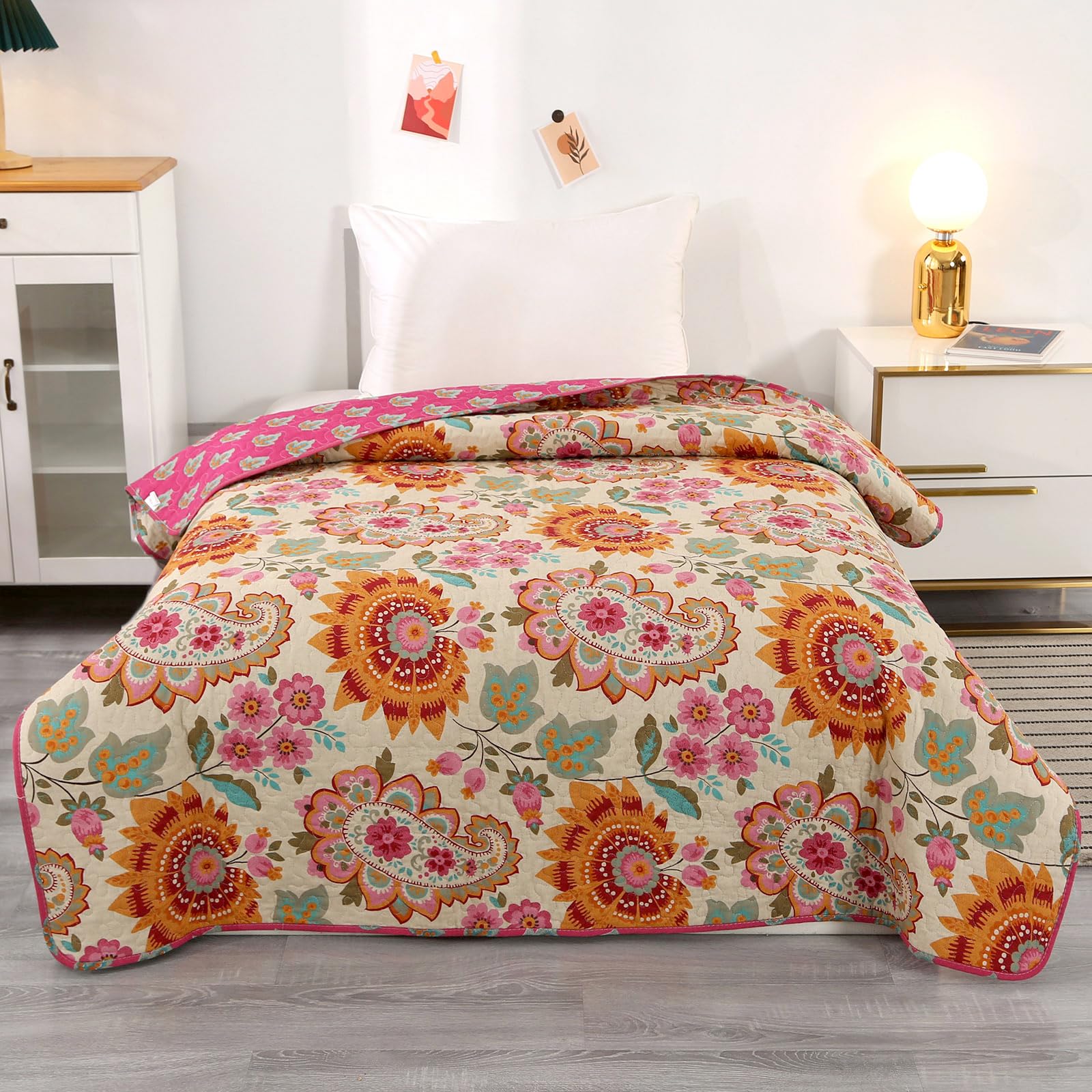 Qucover Colchas Cama 90, Colcha Acolchada para Cama 90, Colcha Boutis 150x 200cm, Cubrecama Suave y Cómoda de 100% Algodón con Estampado Floral Girasol de Lujo