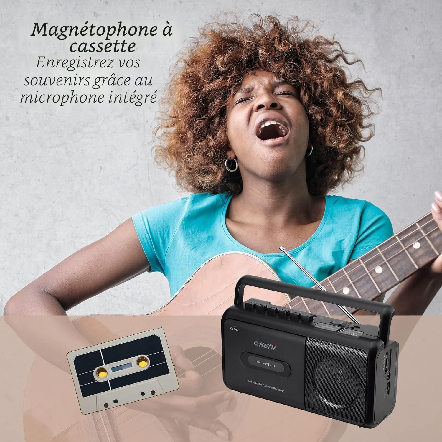Lecteur cassette portable Boombox avec radio AM/FM stéréo, enregistreur cassette avec prise casque, alimenté par piles ou via prise secteur