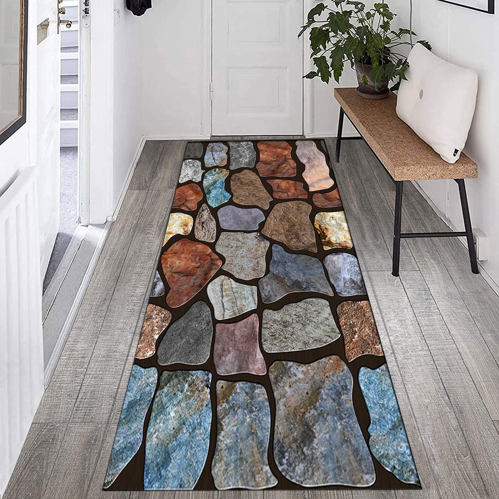 Läufer für Flur, rutschfest, waschbar, modern, Vintage, 3D, bunt, Stein-Patchwork-Teppich für Eingangsbereich, Küche, Büro oder Hotel-Lobby