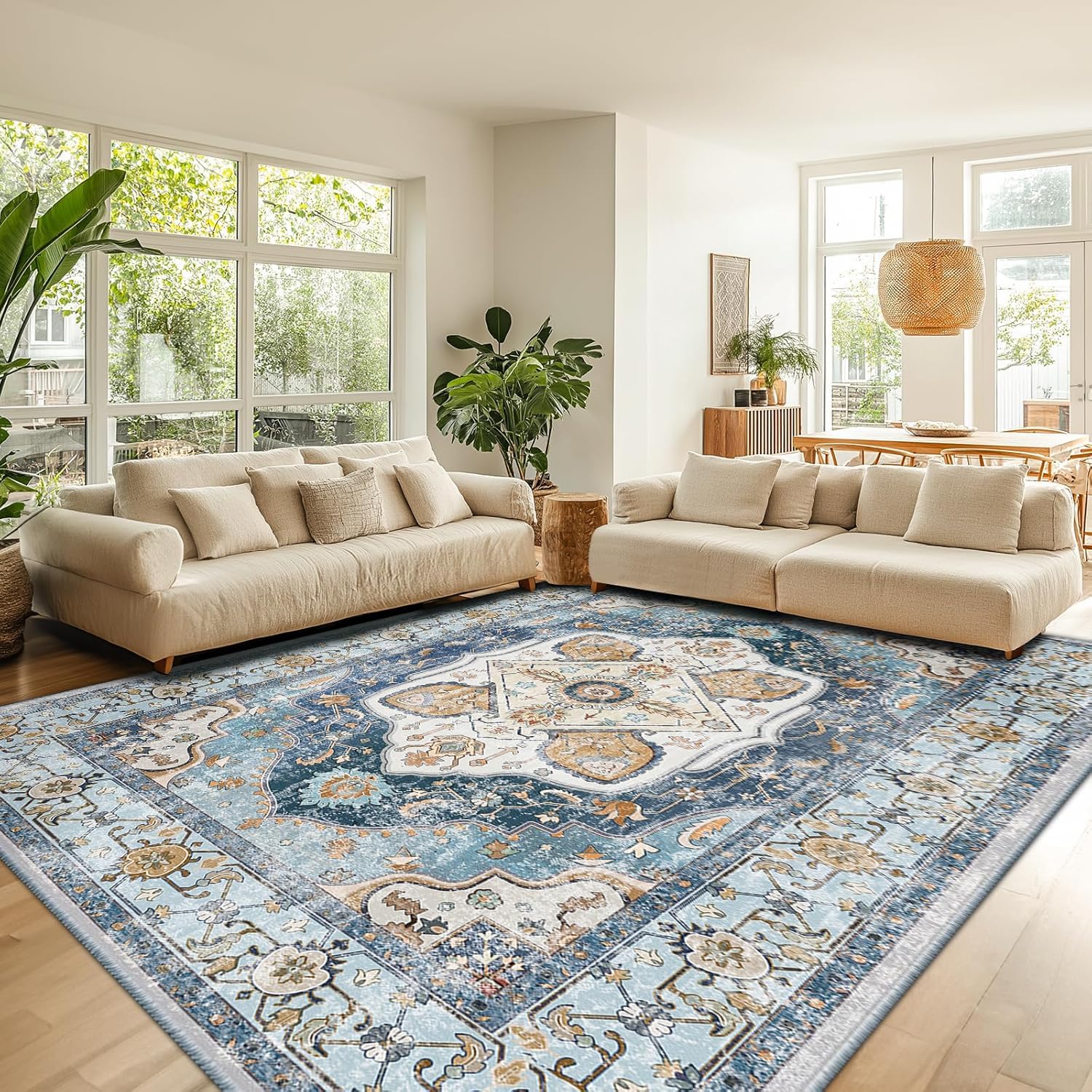 Tapis poil ras lavable 200x250 cm antidérapant grand salon bleu