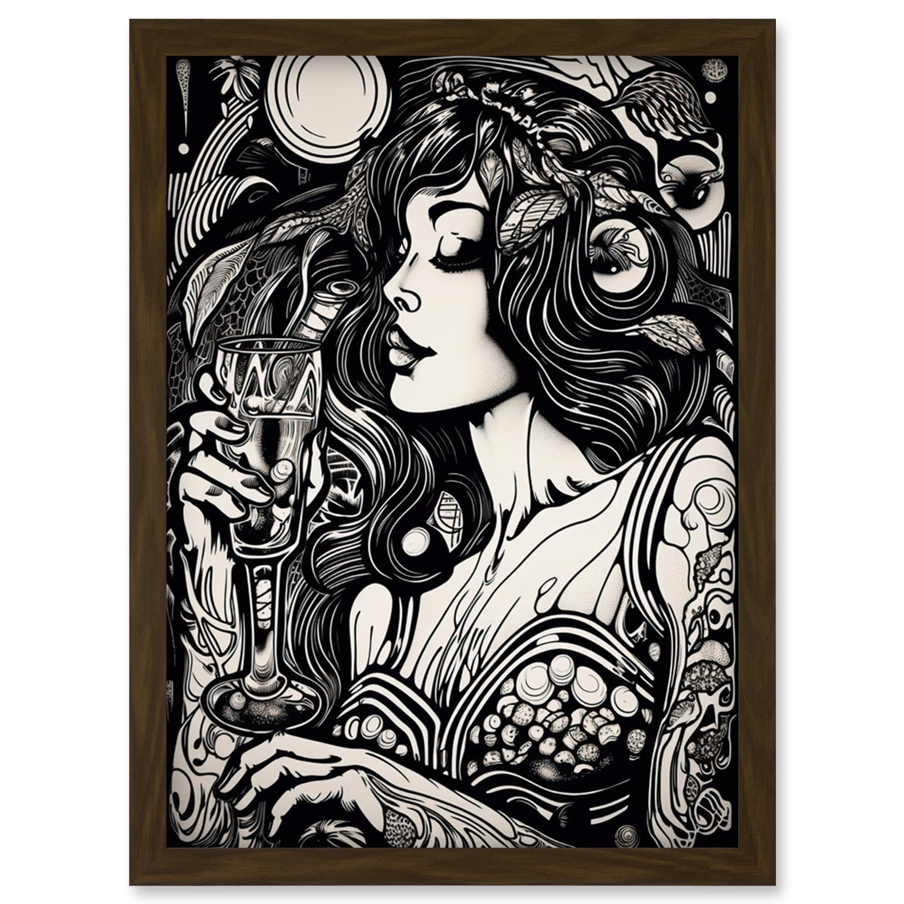 Artery8 Woman Drinking Wine Black and White Illustration Artwork Framed Wall Art Print A4