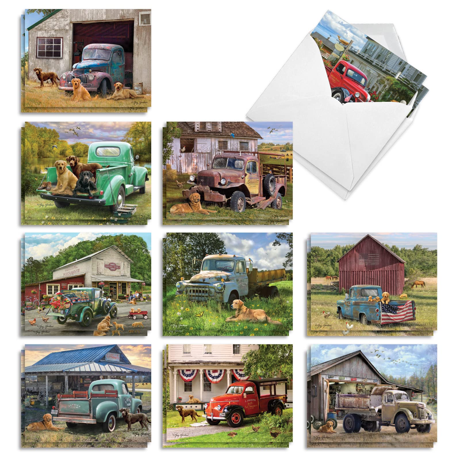 The Best Card Company 20 Assorted Blank Americana Dog and Pickup Cars Notes Bulk Box Set 4 x 5.12 Inch with Envelopes (10 Designs, 2 Each) Labrador,
