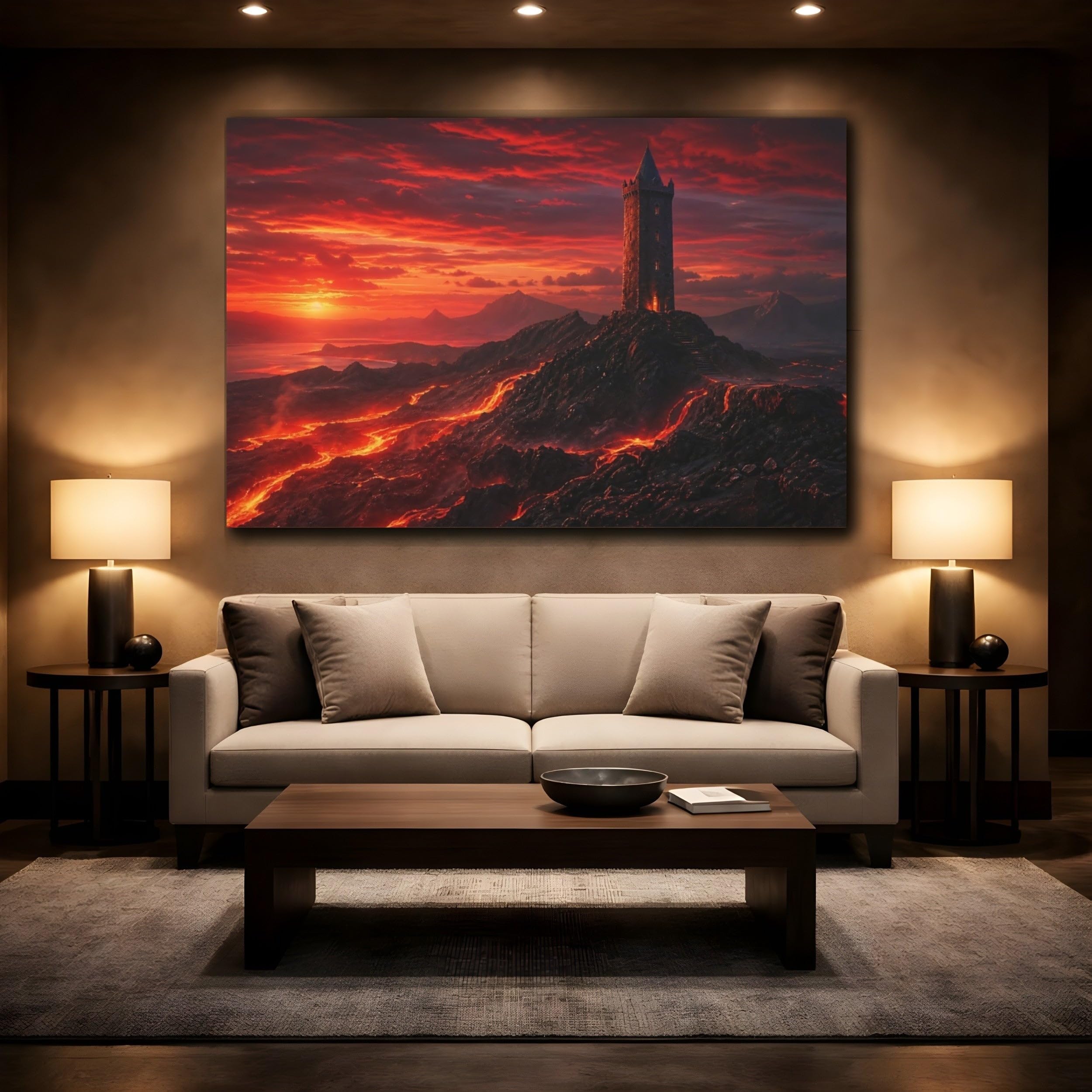 Science Fiction Lava Tower Red Canvas Wall Art Print – Living Room Decor Above Couch 18×12 inch (45×30 cm) - Horizontal / 1.25 inch (3 cm)
