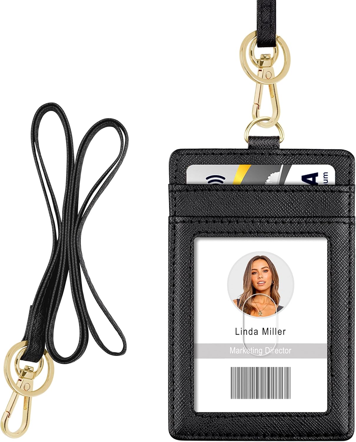 ID Badge Holder with Lanyard, Vertical PU Leather ID Badge