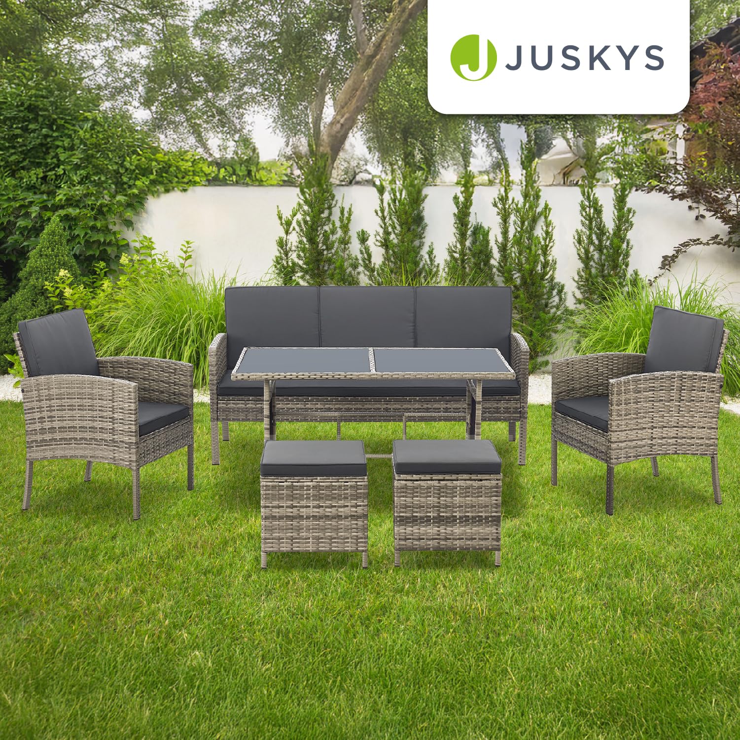 Juskys Salon de Jardin 6 pièces Turin en polyrotin - 7 Personnes - Mobilier d'extérieur avec fauteuils, tabourets, Table & Coussins - Meubles de Jardin pour Coin Lounge - Gris