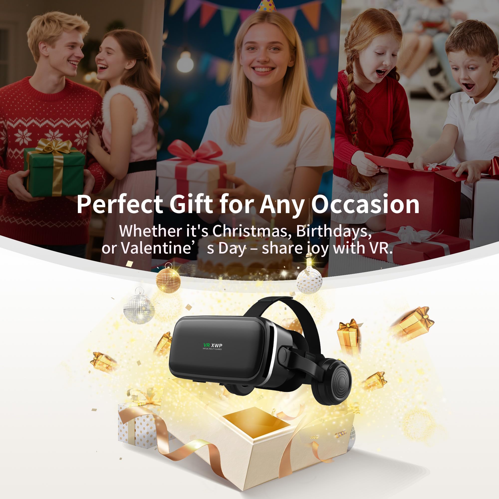 XWP VR okulary ze słuchawkami, okulary 3D do gier mobilnych, filmów i interaktywnych zabawek, kompatybilne z iPhone i Android 4,7-6,8", na urodziny dzieci i rodziny