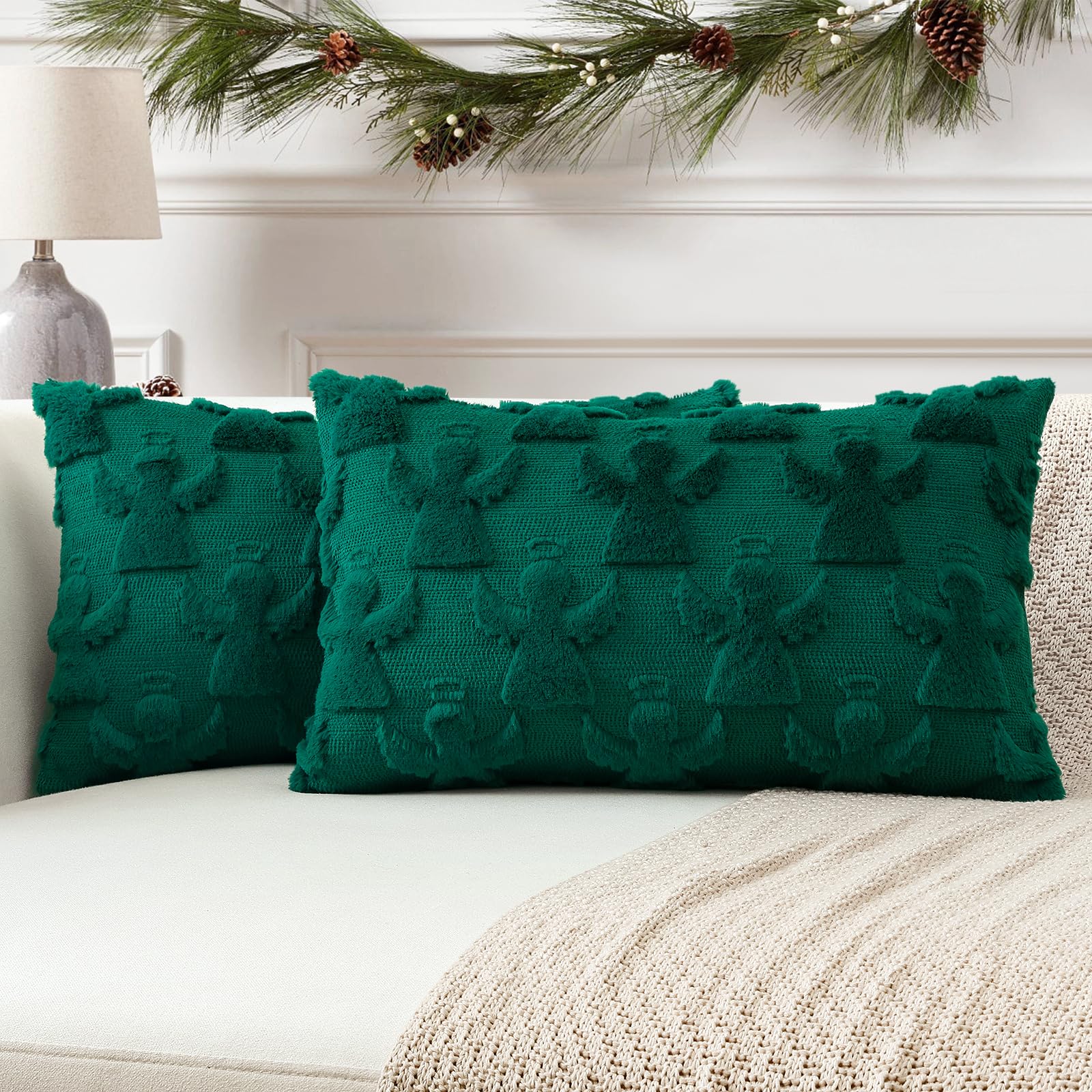Artscope Set of 2 Xmas Soft Plush Short Wool Velvet Decorative Cushion Covers 30x50cm Lumbar Luxury Style Throw Pillow Covers Pillow Shell for Sofa Bedroom Angel Green