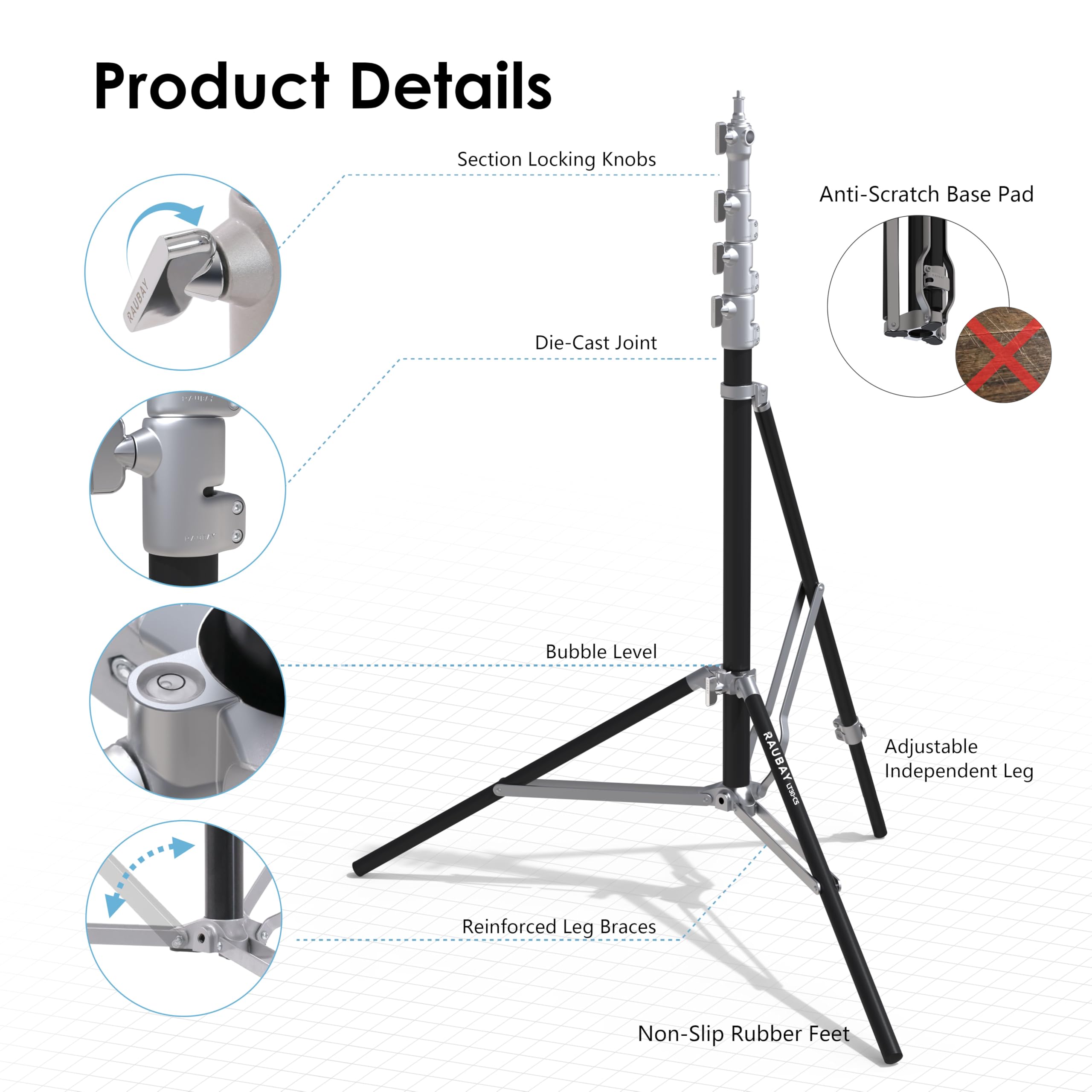 RAUBAY Supporto per luce da 3 m, stile angolare con cuscino d'aria, supporto regolabile per luce fotografica con livella a bolla e gamba angolare, treppiede salvaspazio per softbox, video e fotografia