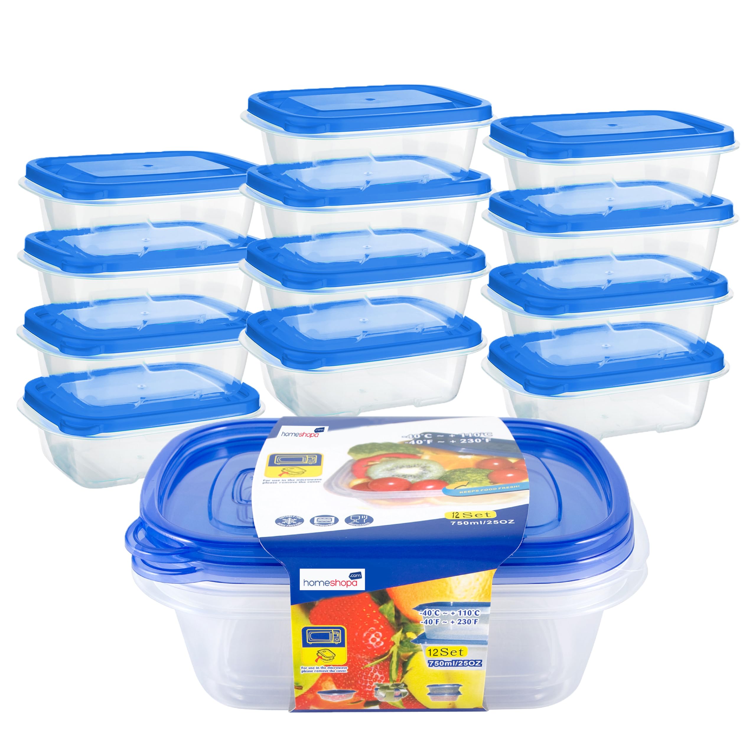 Homeshopa.com 750Ml Container With Blue Lid Homeshopa Plastic Food Storage Containers With Lids, 12 Pack 750Ml Leakproof Bpa Free Stackable, Microwave Freezer & Dishwasher Safe, Reusable Airtight Meal Prep Lunch Box