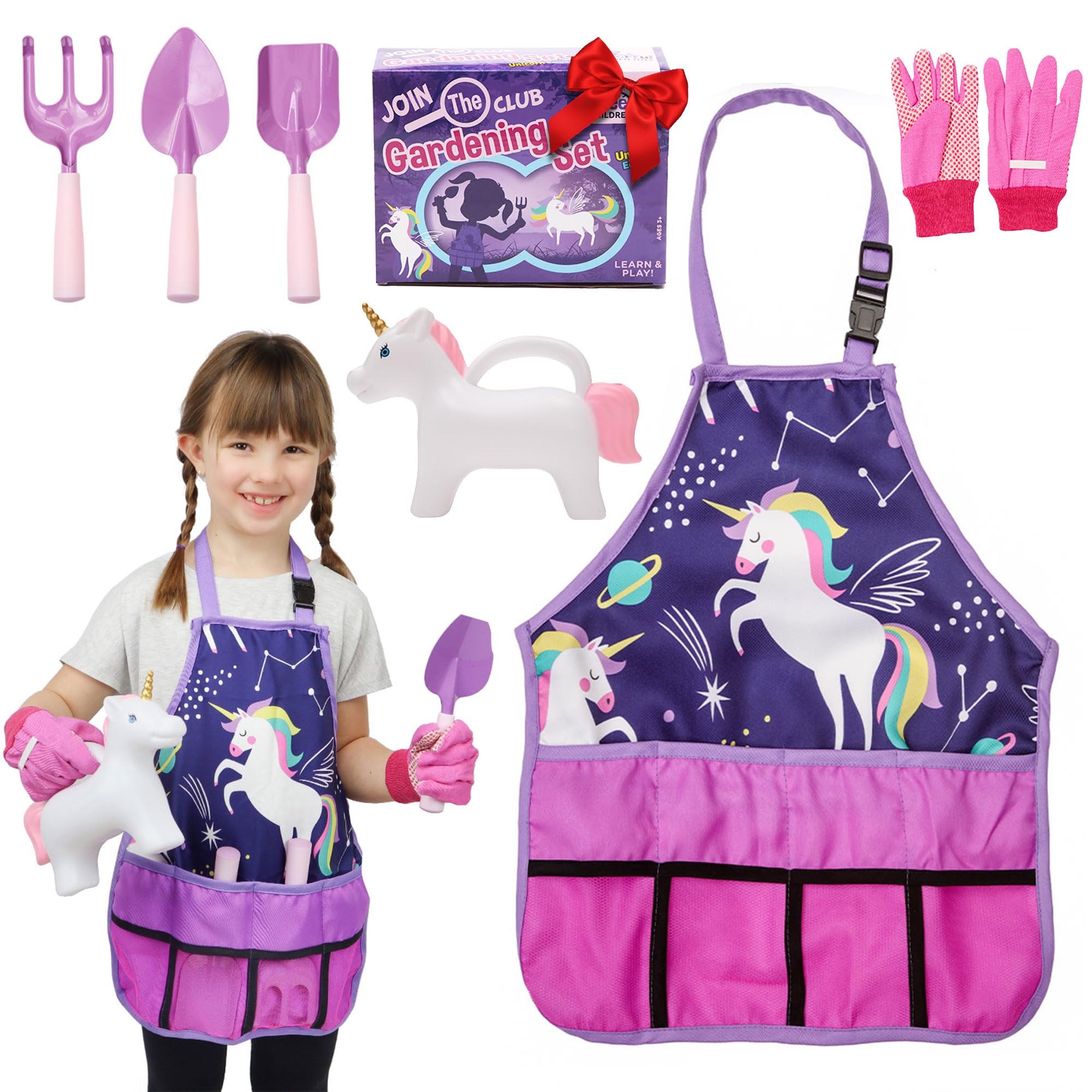 Kids Gardening Set – Gardening Tools for Kids with Watering Can, Shovels, Rake, Gloves & Apron – Planting Outdoor Activity for Ages 3-7, Unicorn Themed Gardening Set for Girls