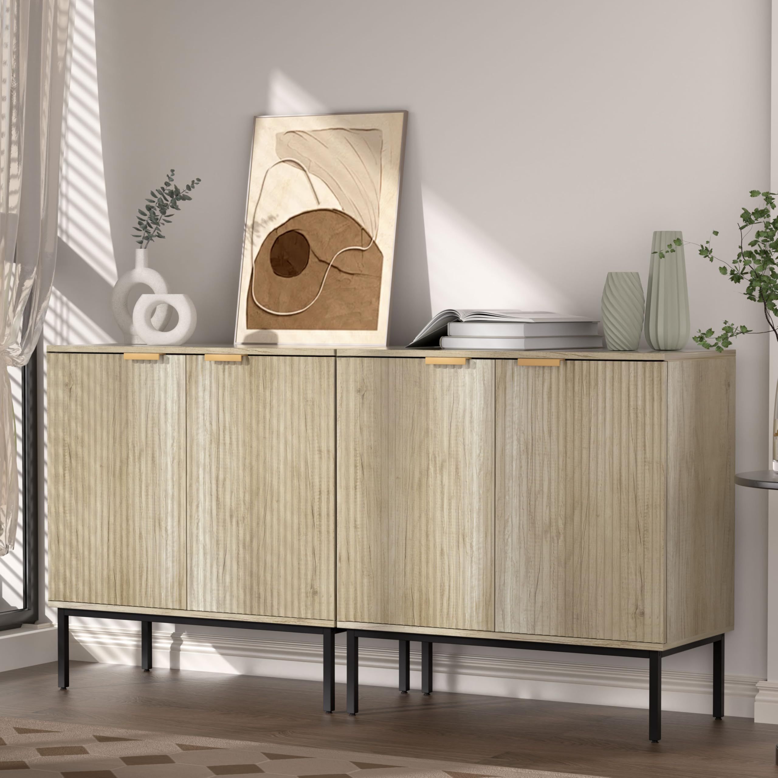 NewBeth Fluted Sideboard, Buffet Cabinet with Storage, Wooden with Doors and Shelves, Accent Cabinet for Living Dining Room, Entryway