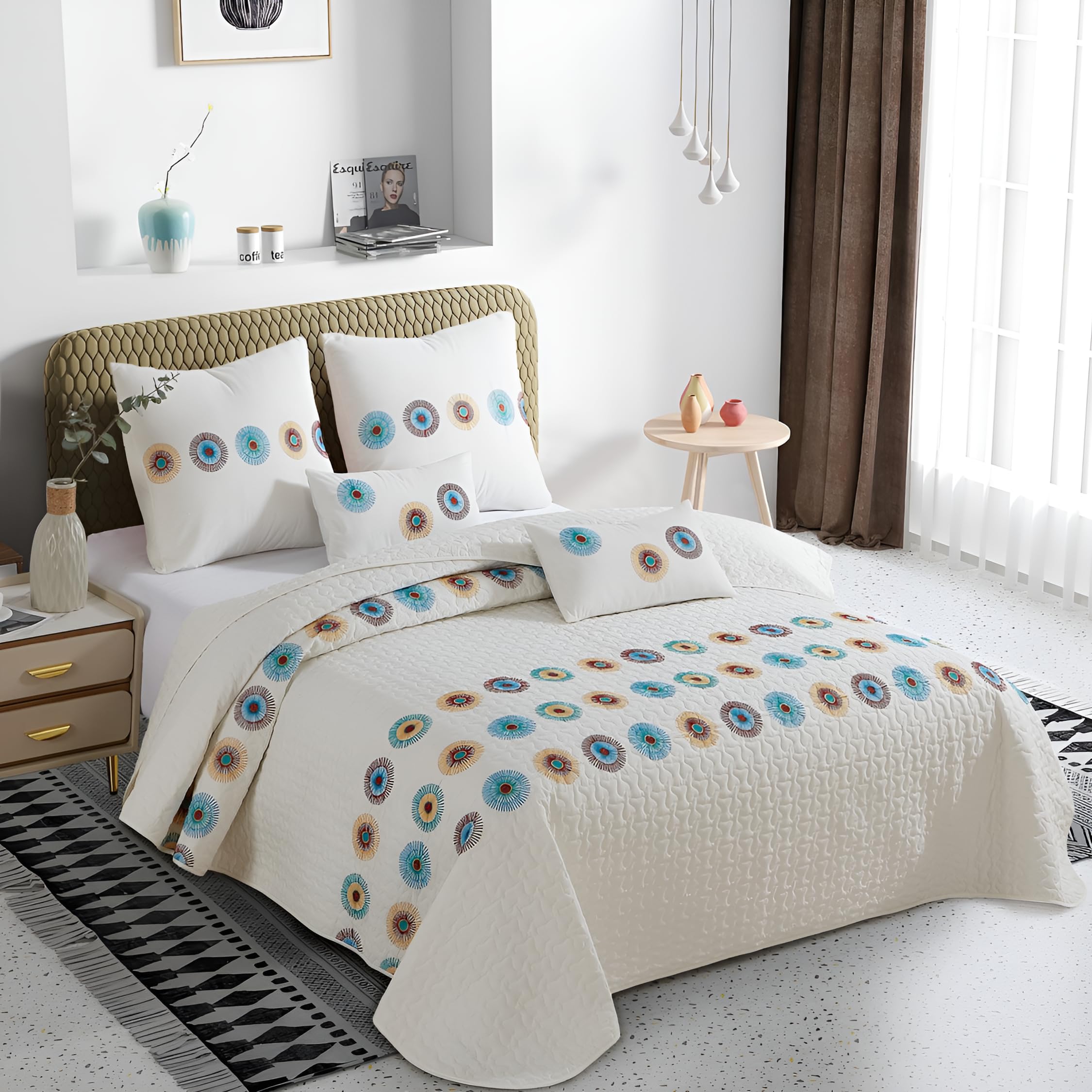 Colcha Boutí Bordada Cama 150 (250x270) para Verano y Entretiempo - 100% Microfibra Suave – Cubrecama Moderno Multiusos Ligero y Transpirable - Incluye 4 Fundas Cojín (2*60x60 + 2*30x50) (Doha)