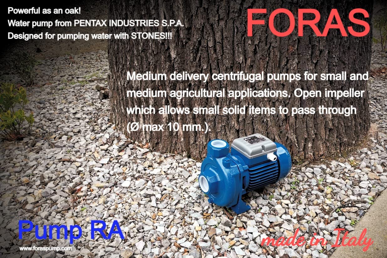 FORAS Bomba centrífuga RA102 de 230 V – 1,14 kW – Bomba de alto rendimiento – 280 l/min, altura de extracción de 20,5 m – Flujo alto de 1,5 pulgadas con impulsor abierto (sólidos de 10 mm) para