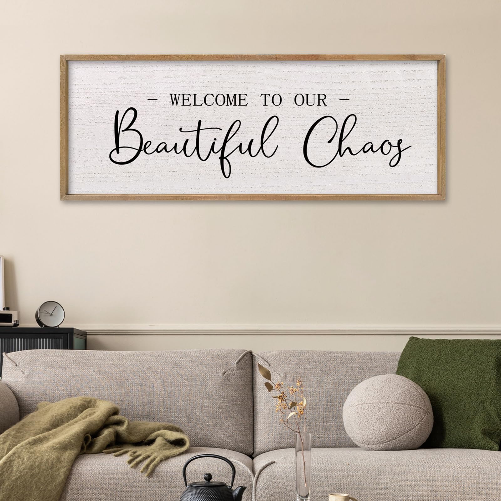 comurdyo Welcome To Our Beautiful Chaos Sign 32"X12" for Farmhouse Living Room Wall Decor Home Rustic Large Family Wood Framed Wall Art Plaque Hanging (Wood)