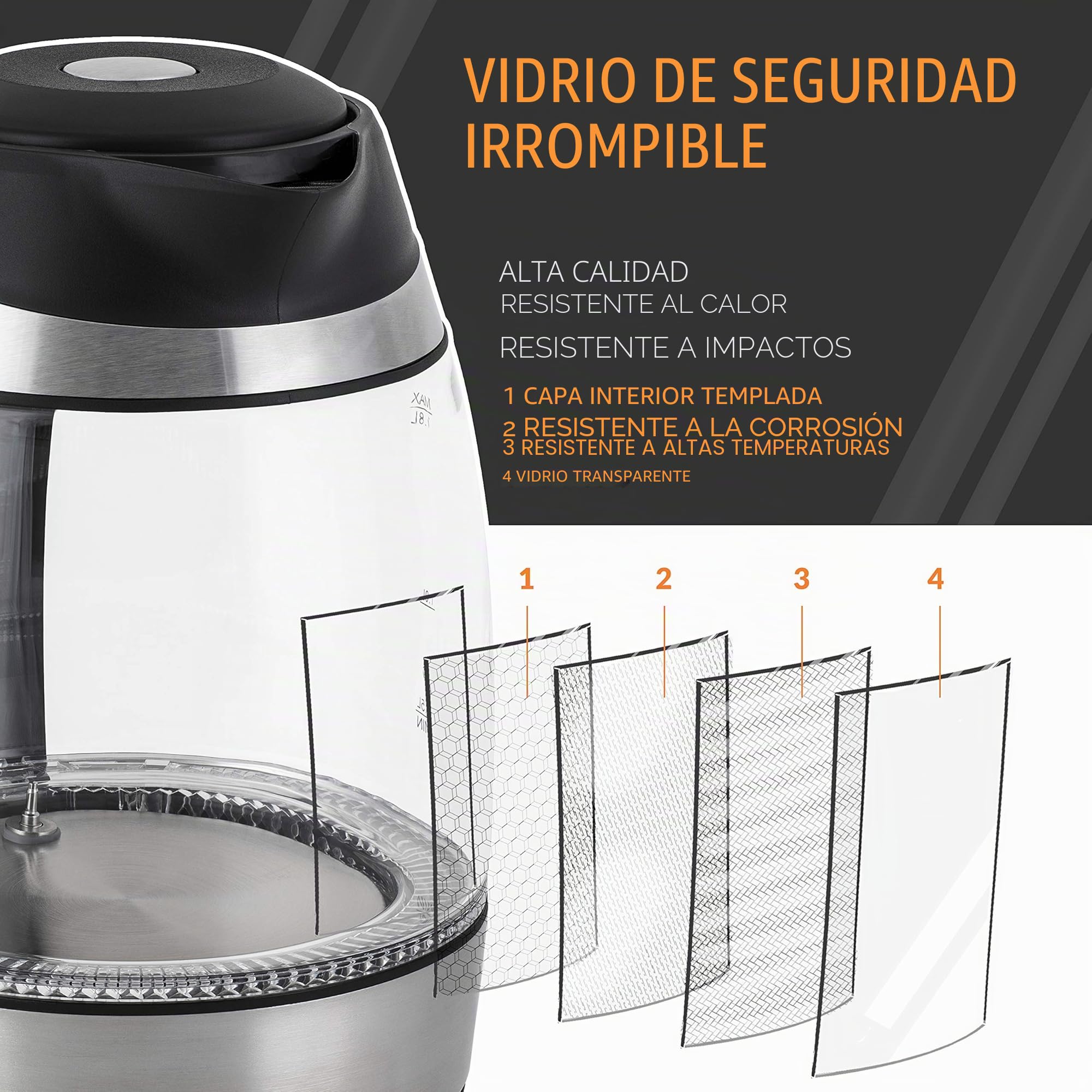 TRESKO Hervidor de Agua Eléctrico de Cristal 1,8L con Iluminación LED | Incluye Filtro de Té & Antical | Acero Inoxidable | 2200W | Temp. Regulable | Desconexión Automática | Libre de BPA