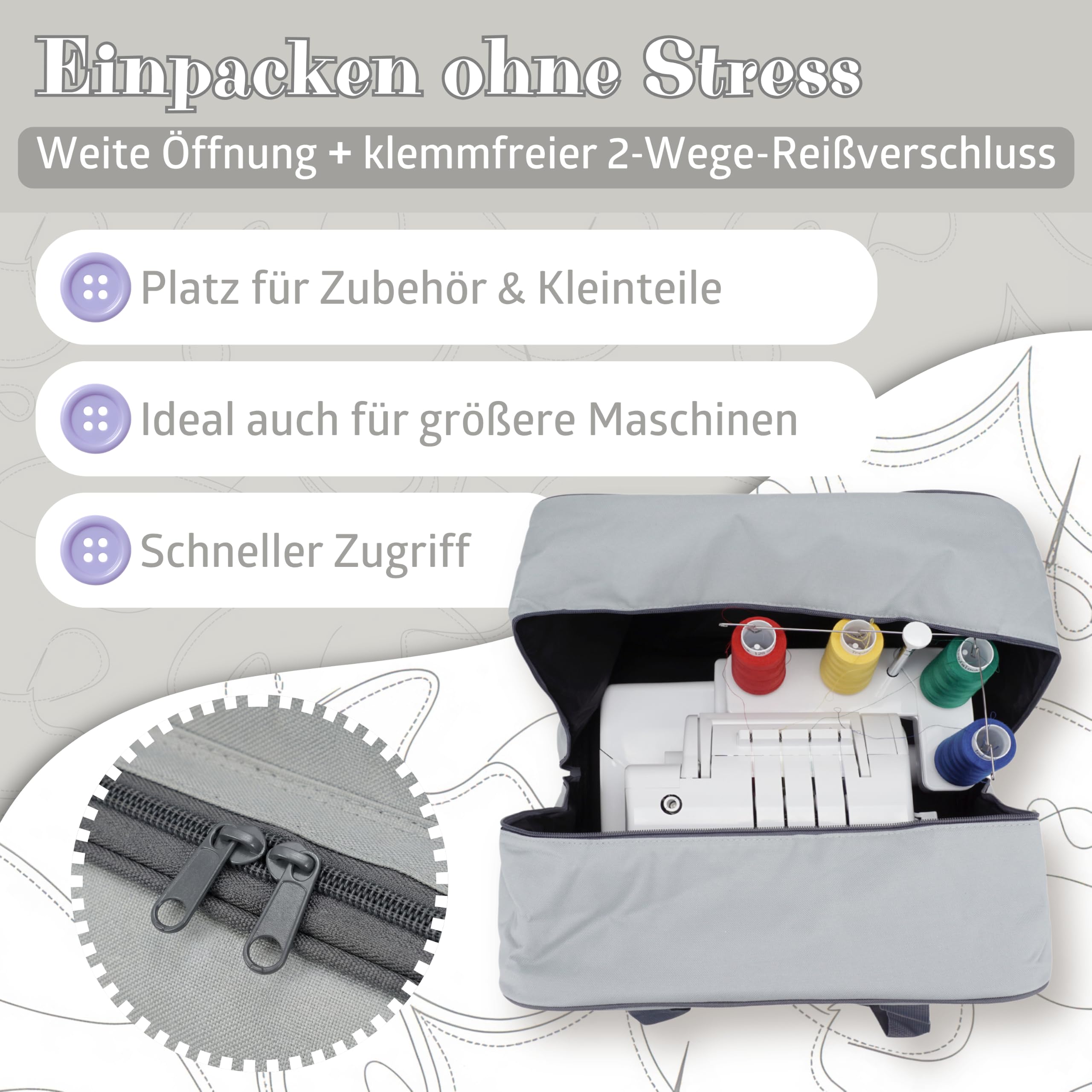 SEMPLIX Overlocktasche/Coverlocktasche Polka Dots, Groß, Stabil, für Transport/Aufbewahrung Aller gängiger Maschinen, Lila/Flieder 44x38x33 cm